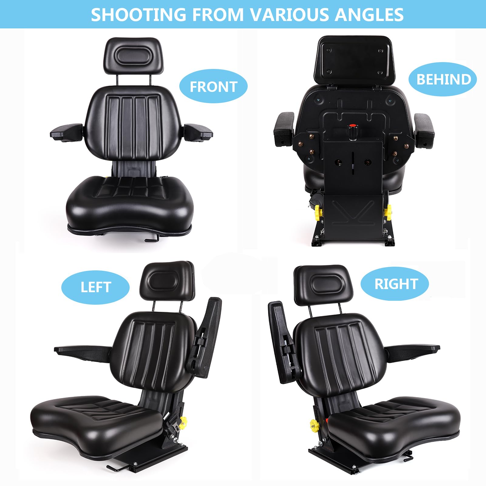 Asiento universal de absorción de impactos para cortacésped, asiento de tractor con reposabrazos y reposacabezas y cinturón de seguridad, riel deslizante ajustable, asiento de carretilla elevadora,