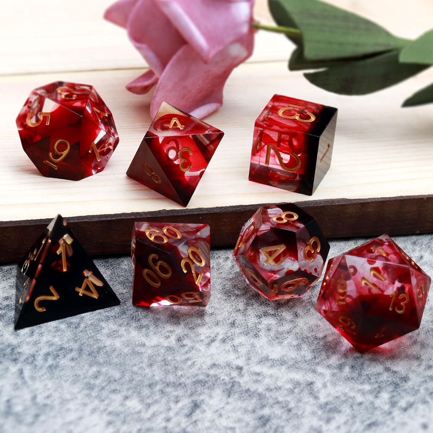 Haxtec Blood Swirls DND Dice Set Sharp Edge Dice with Dragon Spinner Dice Bundle