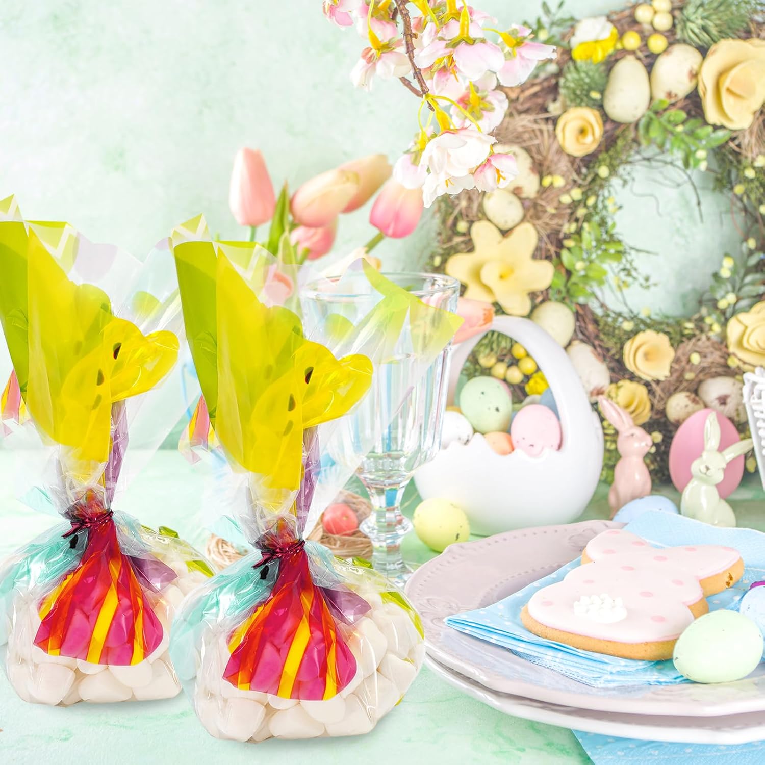 JarThenaAMCS Easter Cellophane Wrap Roll 100ft x 32 In 2.5Mil Colorful Eggs Bunny Cellophane Paper Crystal Clear Rabbit Cello Wrapping Paper for Spring Holiday Treats Gifts Basket Party Favor