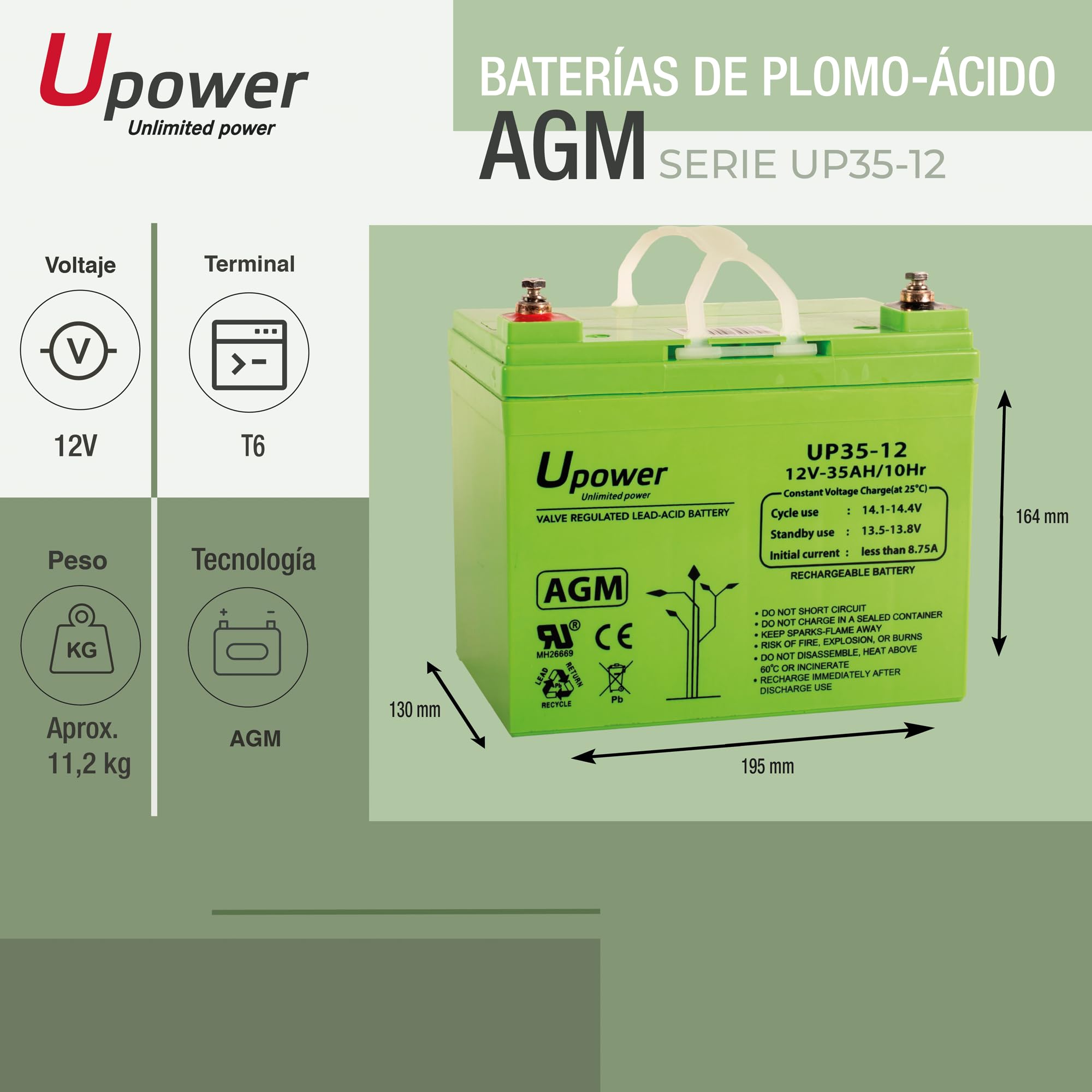 Master U-Power MU-UP35-12 Batterie au Plomb AGM 35 Ah 12 V