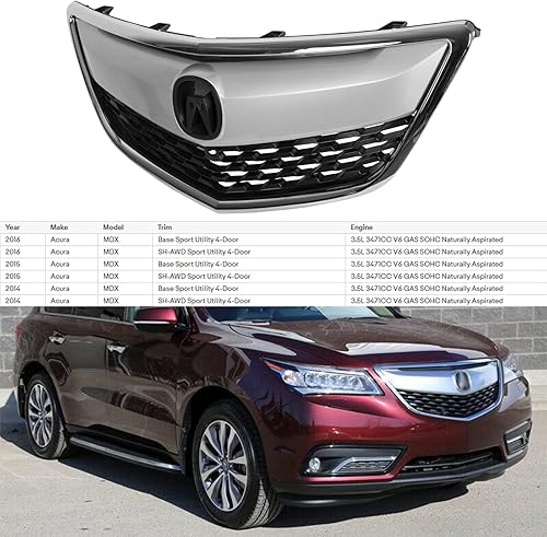 Miniatura 2 de YLT AUTO Kit de repuesto de protector de rejilla de parachoques delantero, entrada de aire negra con moldura cromada para Acura MDX 2014-2016