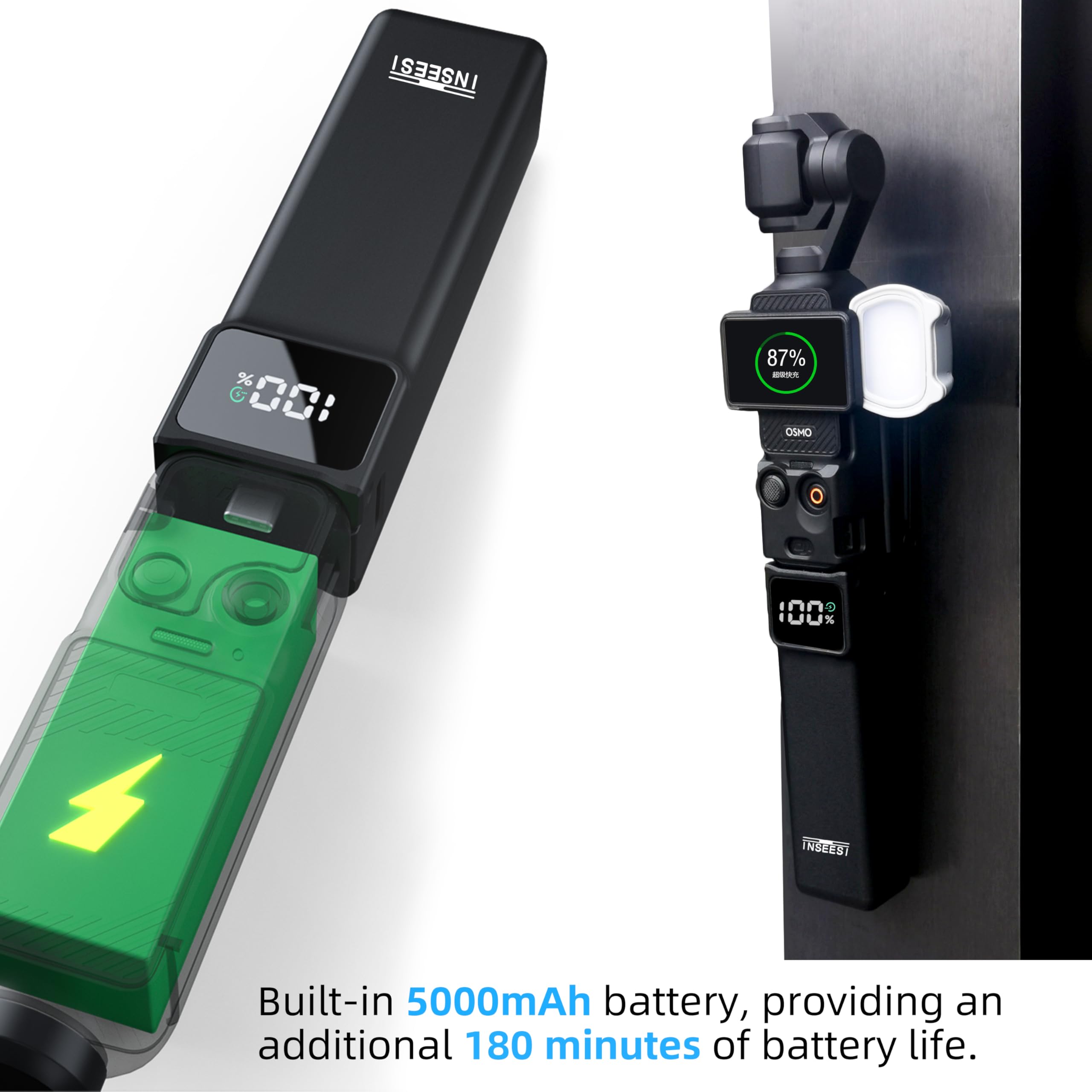 NENNEN Pocket 3 Battery Handle Compatible with DJI Osmo Pocket 3 Creator Combo, with Digital Screen, Built-in 5000mAh Battery, Reserved 1/4” Thread