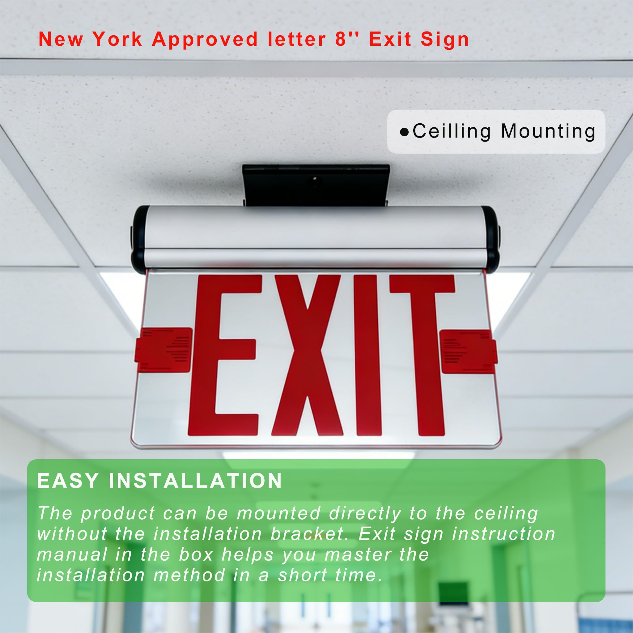 New York GRMSEL-200 - Luz de emergencia empotrada con letra de salida aprobada de 8 pulgadas, carcasa de una y doble cara, opcional, panel acrílico reemplazable, certificado UL, GRMSEL-200