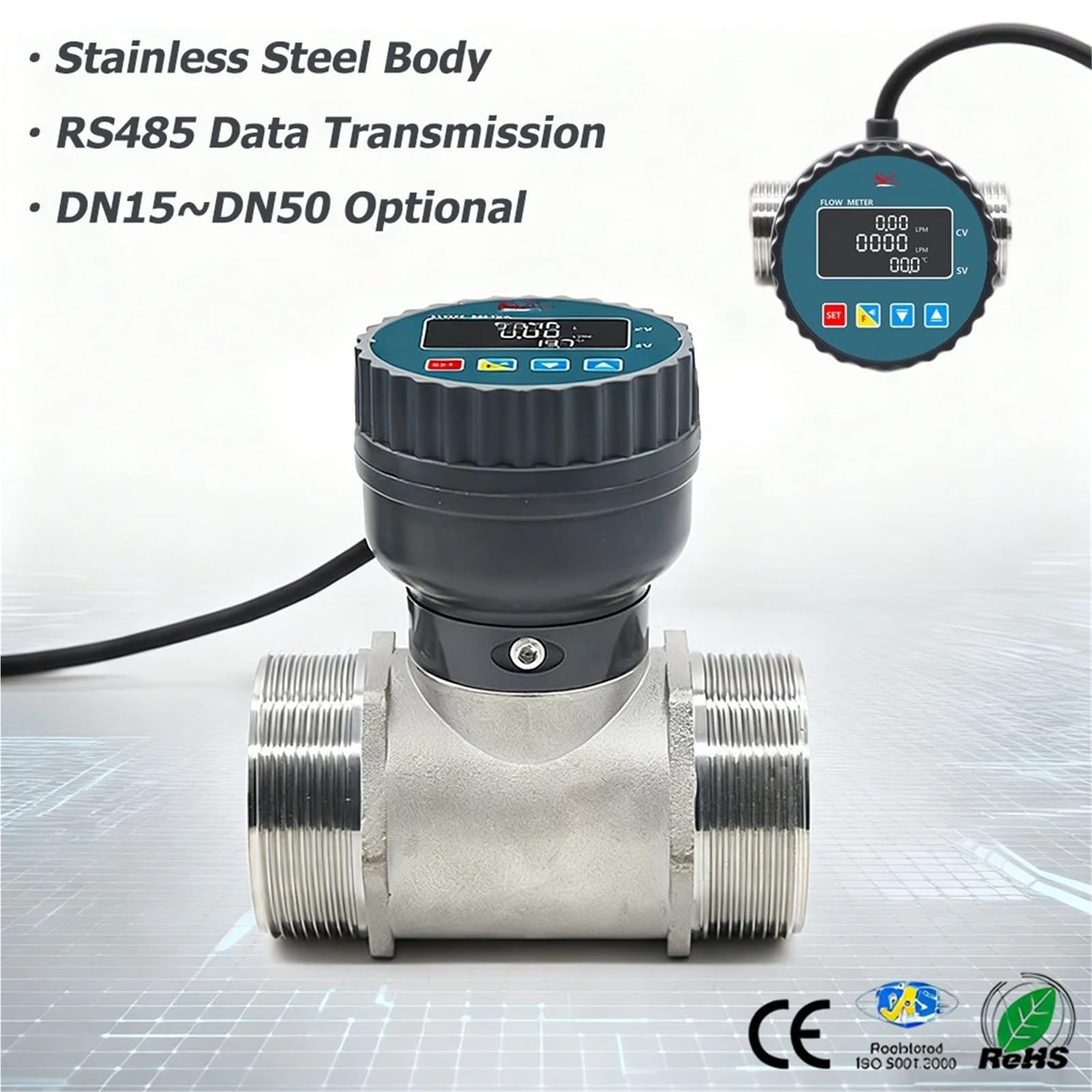 Medidor de flujo Digital de acero inoxidable RS485 transmisión de señal remota medidor de flujo de tubería de líquido de alta precisión Sensor de flujo de agua(DN15)