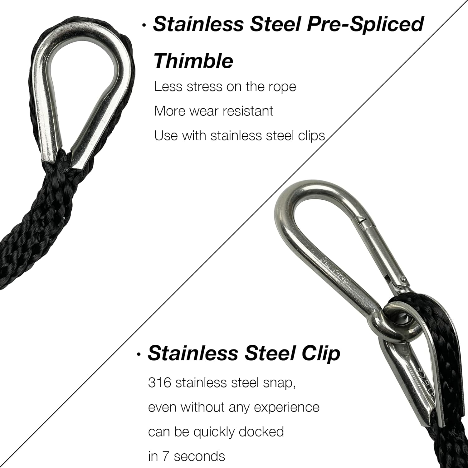 50 Feet Double Braided Nylon Boat Anchor Rope 3/8inch with 316 Stainless Steel Thimble and Heavy Duty Snap Hook Marine Grade Anchor line Black (Black, 50Feet) - Image 4