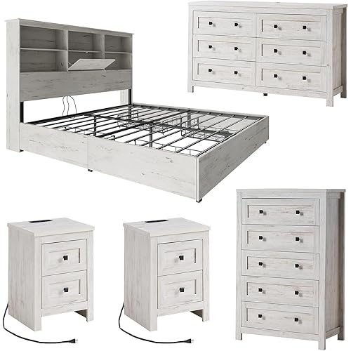 5-Piece Bedroom Set, 1 X King Size Bed Frame, 1 X 5 Drawer Dresser, 1 X Wood Rustic 6 Drawer Storage Dresser, Nightstand Set of 2 with Charging Station, Farmhouse Bedroom Furniture, White