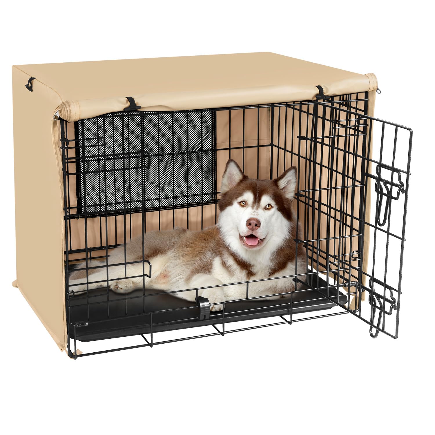 Seiyierr Dog Crate Cover - Kennel Cover Fit for 30 Inch, Double Door Polyester Crate Cover for Wire Dog Crate Indoor Outdoor Protection, Light Tan