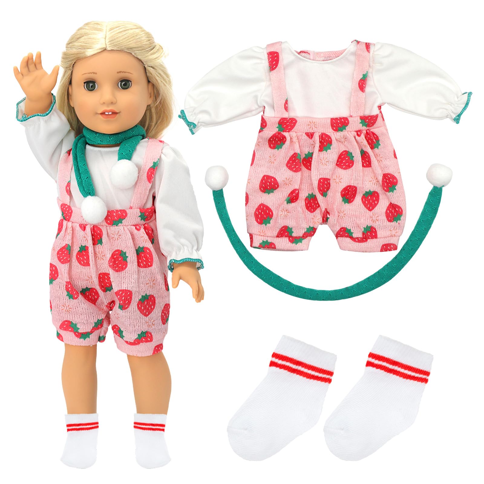 WanderGo Dolls Clothes for 14-18 Inch Doll, Sweet Doll Clothes for 35-45cm Baby Doll Clothes Outfits Sweet Baby Doll Outfits Long Sleeve Strawberry Overalls with Socks for Doll(Not Include Doll)