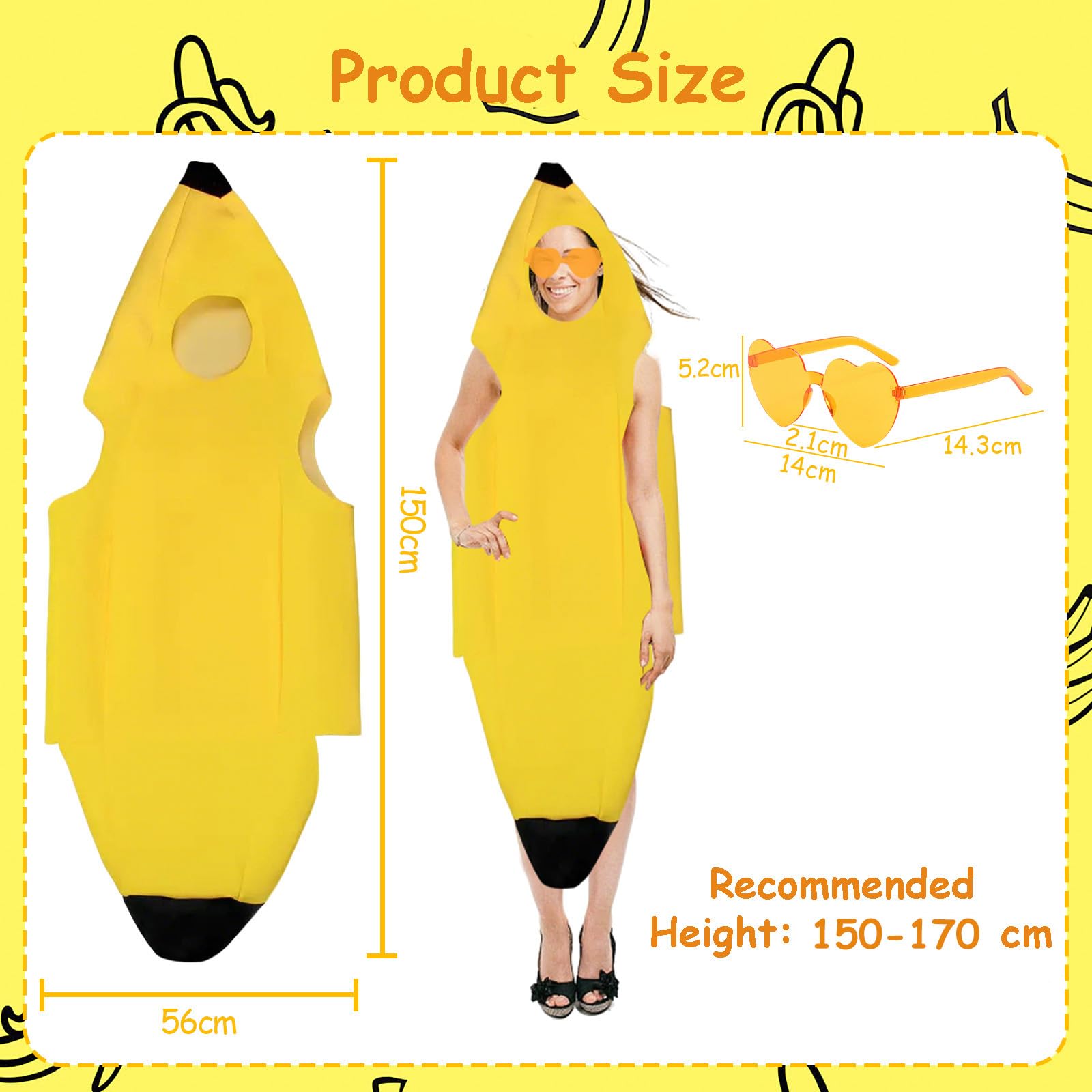 WanderGo Adult Banana Costume Fancy Dress Outfit, Yellow Banana Jumpsuit with Yellow Glasses - Image 2