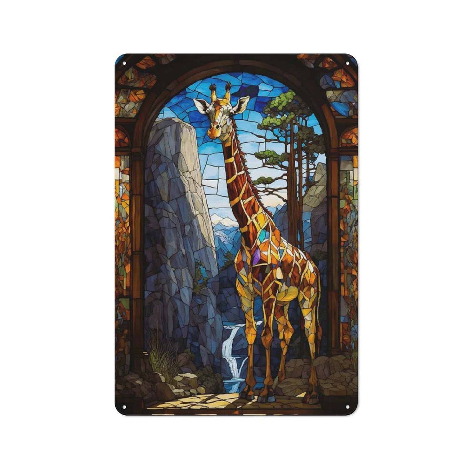 Junmoney Giraffe Stained Glass Tin Wall Plaque 30X20cm With For Guest Room Or Hallway, For Hallway Wall Decor Fans