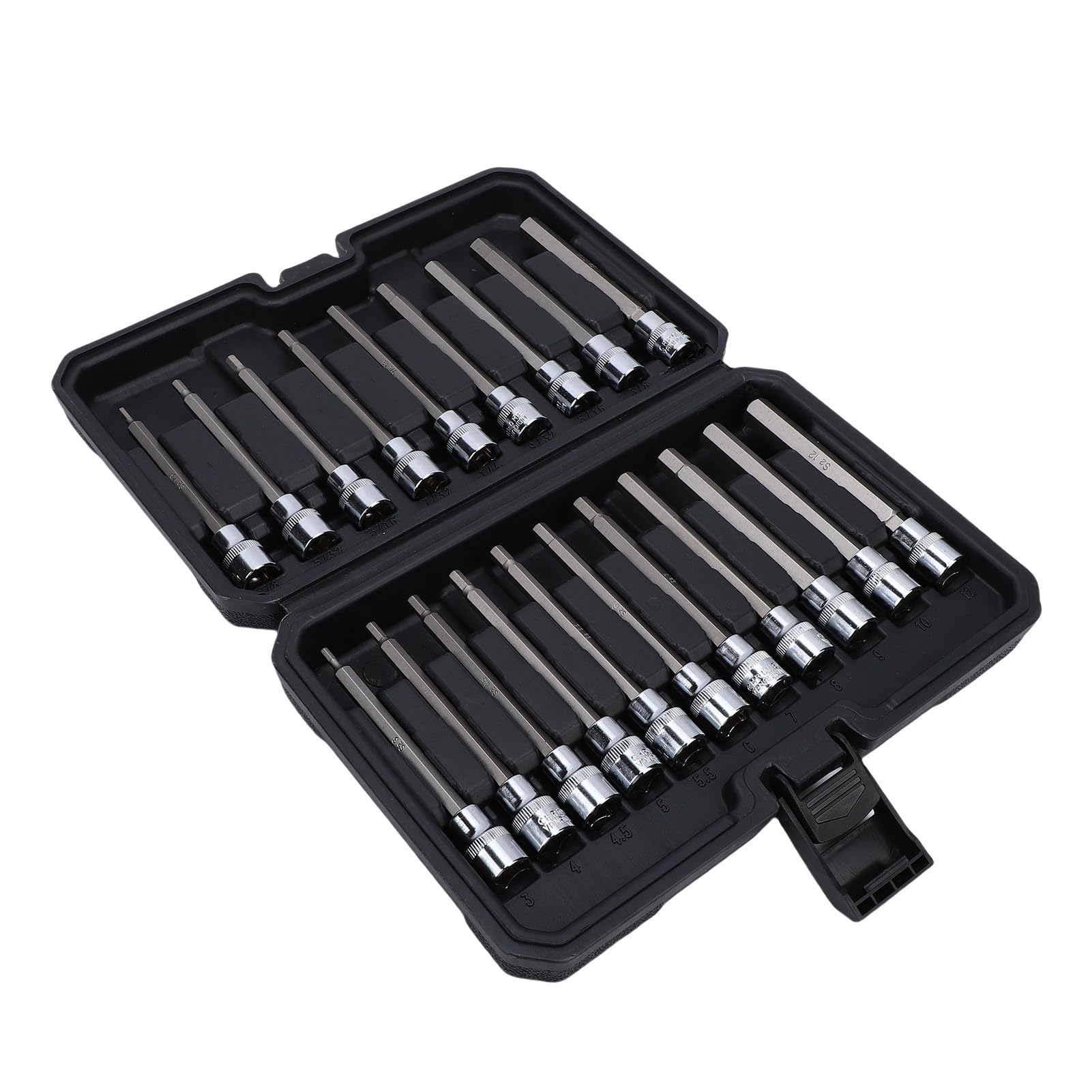Fdit Set da 20 Pezzi di Prese Esagonali Extra Lunghe per Attacco 3/8 Pollici, Metrico 6-24mm SAE 1/8-7/16 Pollici, Acciaio Legato S2 110mm con Custodia Stampata per Riparazioni