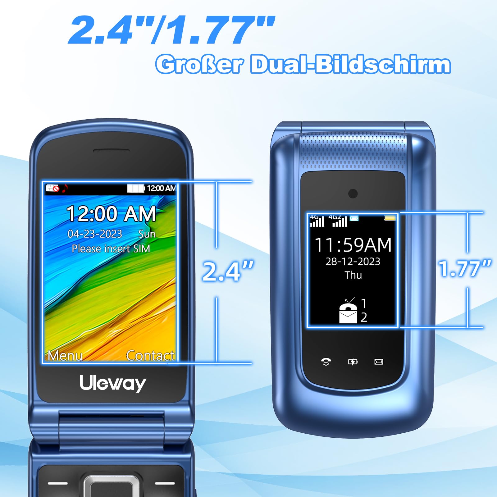 4G Klapphandy Seniorenhandy mit Großen Tasten Handy, Dual-SIM Flip Mobiltelefon mit Ladestation | SOS Notruffunktion | Kurzwahl | Taschenlampe | FM-Radio | 2,4+1.77 Zoll Dual Farbdisplay | Blau