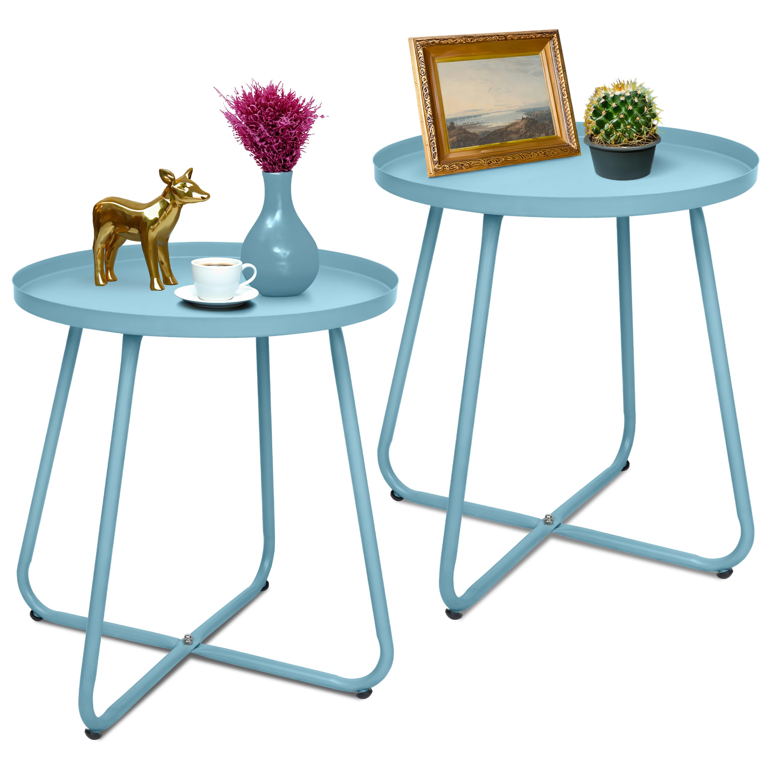 CODIN Set of 2 Industrial Minimalist Outdoor Side Tables, Round Weather Resistant End Tables, Patio Table for Garden Porch Balcony Yard Lawn (2, Light