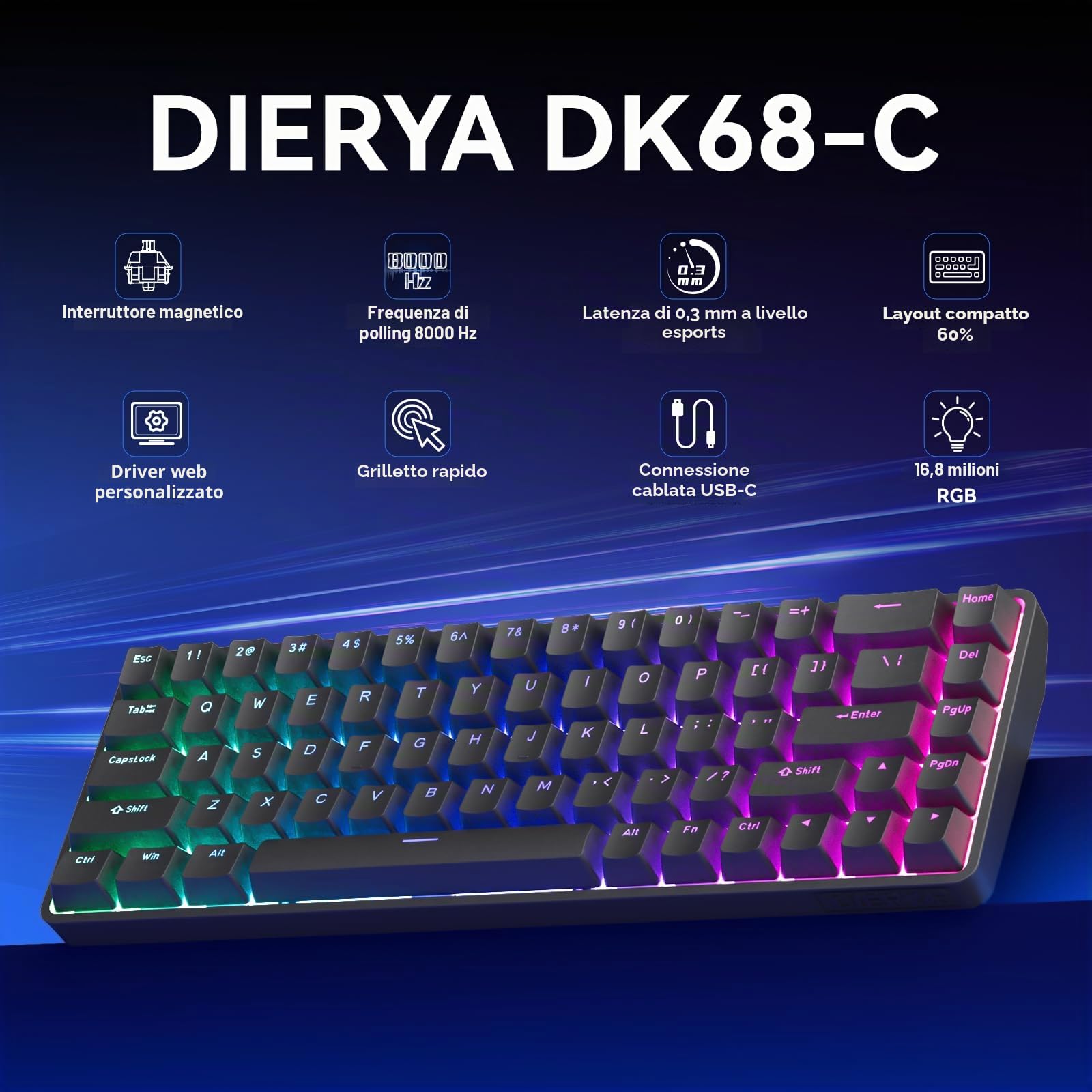 DIERYA DK68-C Tastiera da gioco HE al 60%, interruttore magnetico hot swap, trigger rapido, azionamento regolabile, frequenza di polling 8000Hz, retroilluminazione RGB, 68 tasti compatti per PC