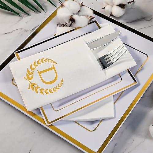 Miniatura 3 de Servilletas doradas de bolsillo con monograma, 100 servilletas de cena con letra D con bolsillo integrado para cubiertos para cubiertos, servilletas