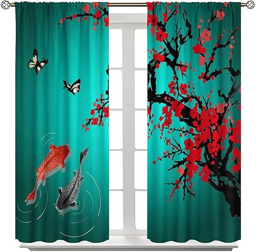 Miniatura 3 de Cortina japonesa con flores de cerezo, ramas asiáticas orientales verdes y verde azulado Koi, tratamiento de ventana de carpa de pez Koi para sala