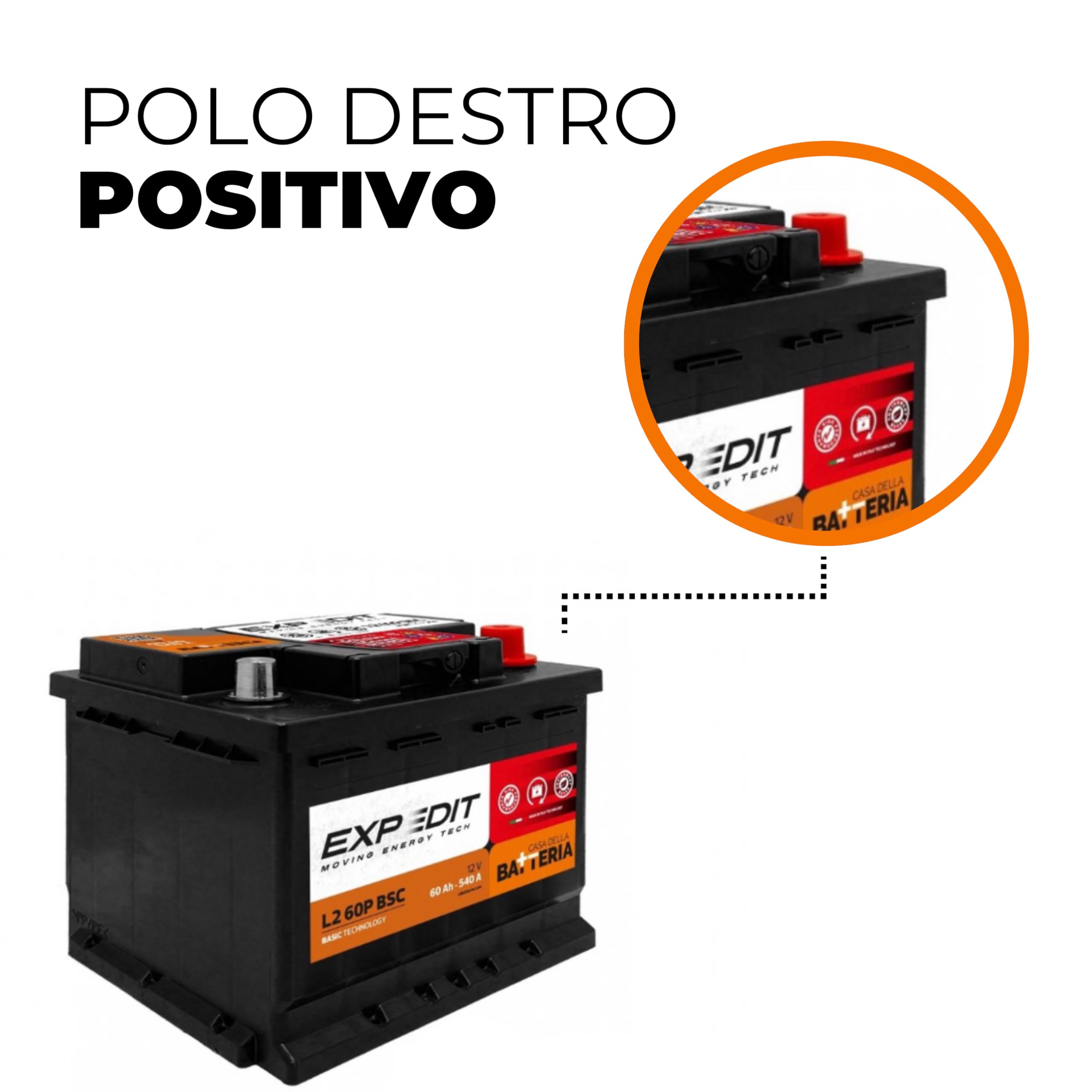 La Casa della Batteria Batteria Auto Expedit Moving Energy Tech Batteria 12v Batteria Auto 60 Ah 540A L2 60P DX Dimensioni 24.2×17.5×19 cm Made in Italy