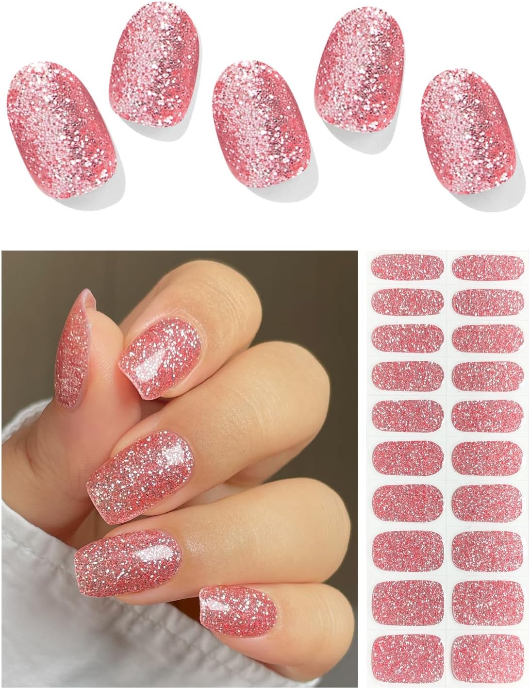 AutyaMee Semi Cured Gel Nail Strips (Pink Glitter)