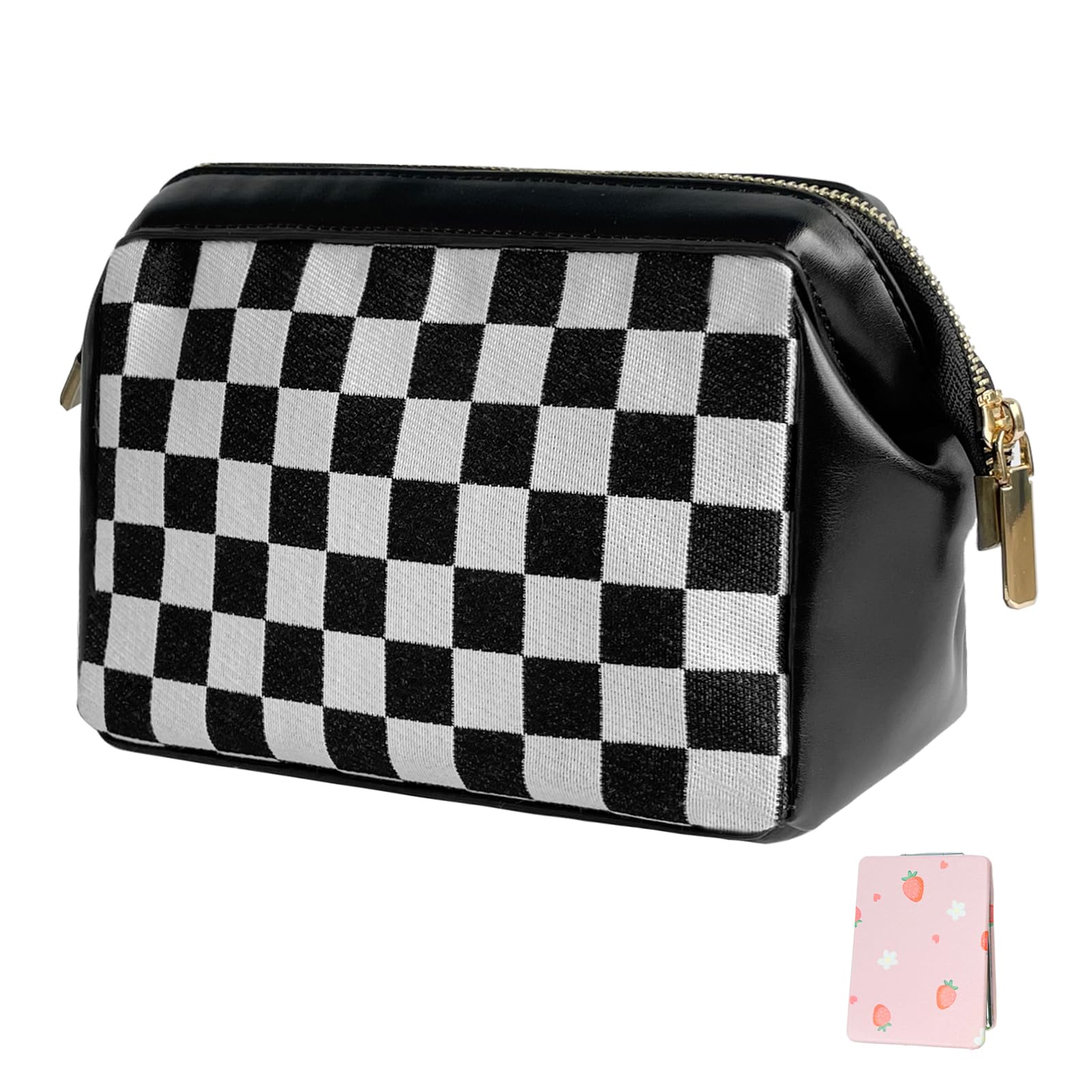 Portable Clutch Checkered Makeup Bag,Large Capacity Travel Cosmetic Bag,PU Leather Waterproof Toiletry Bag,Electronics Accessories Organizer,Wide Open Pouch for Women(Black)