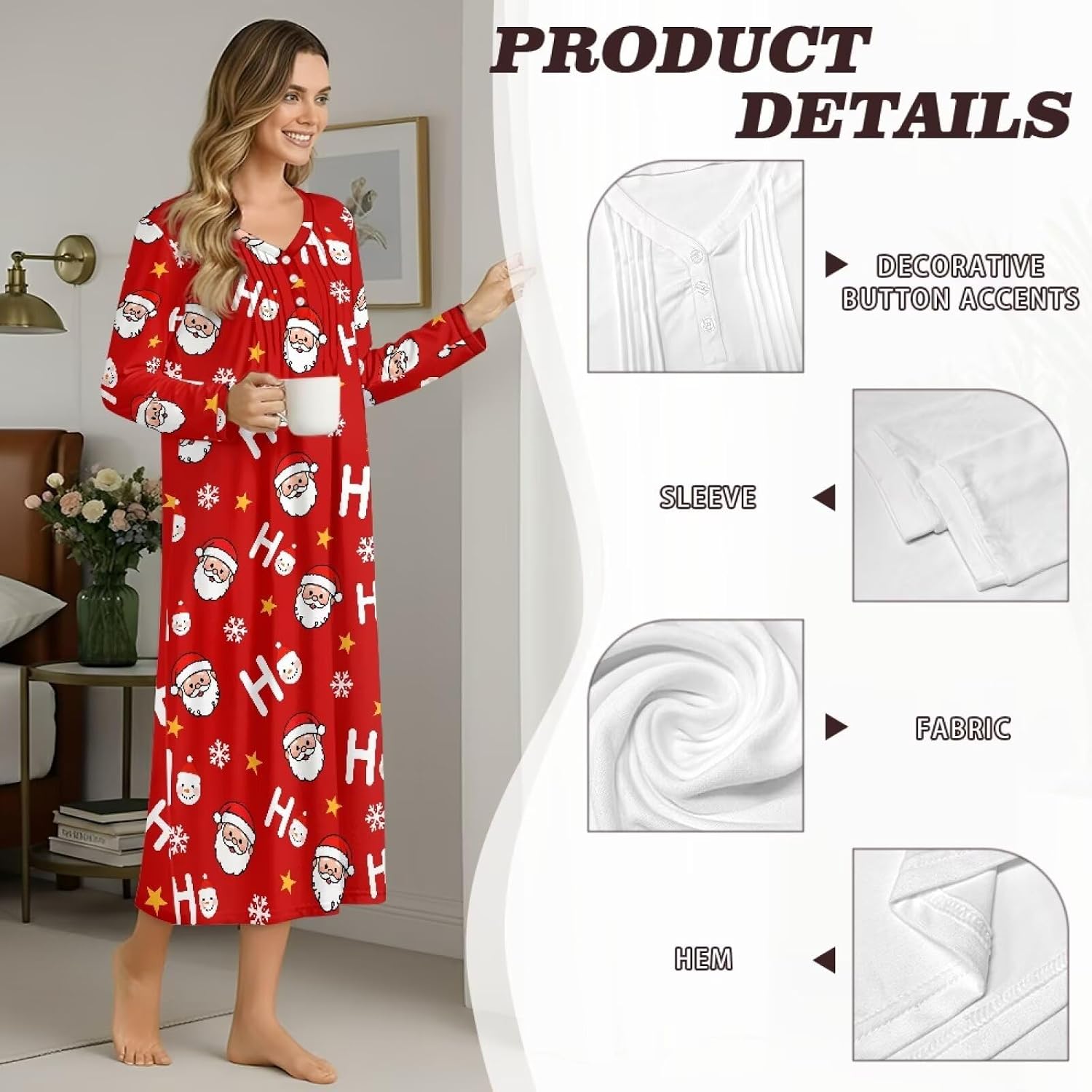 Nightgowns for Women Long Sleeves Loungewear Soft Comfy Sleepwear Button V Neck Sleepshirt Long Sleep Dress S-4XL