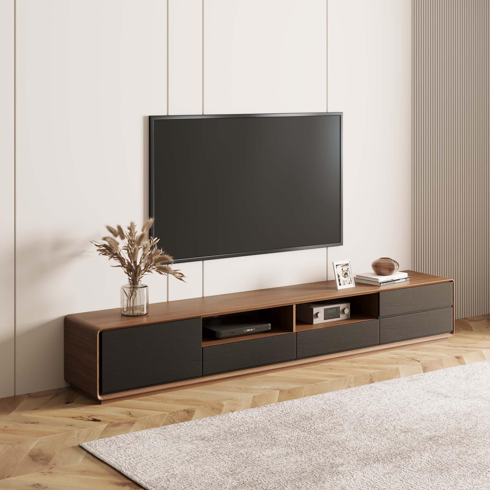 POVISON DONICY Modern 94" Solid Wood TV Stand, Lowline Media Console with 4 Drawers, Open Storage Cabinet, Walnut Veneer, Fully-Assembled (TV Stand