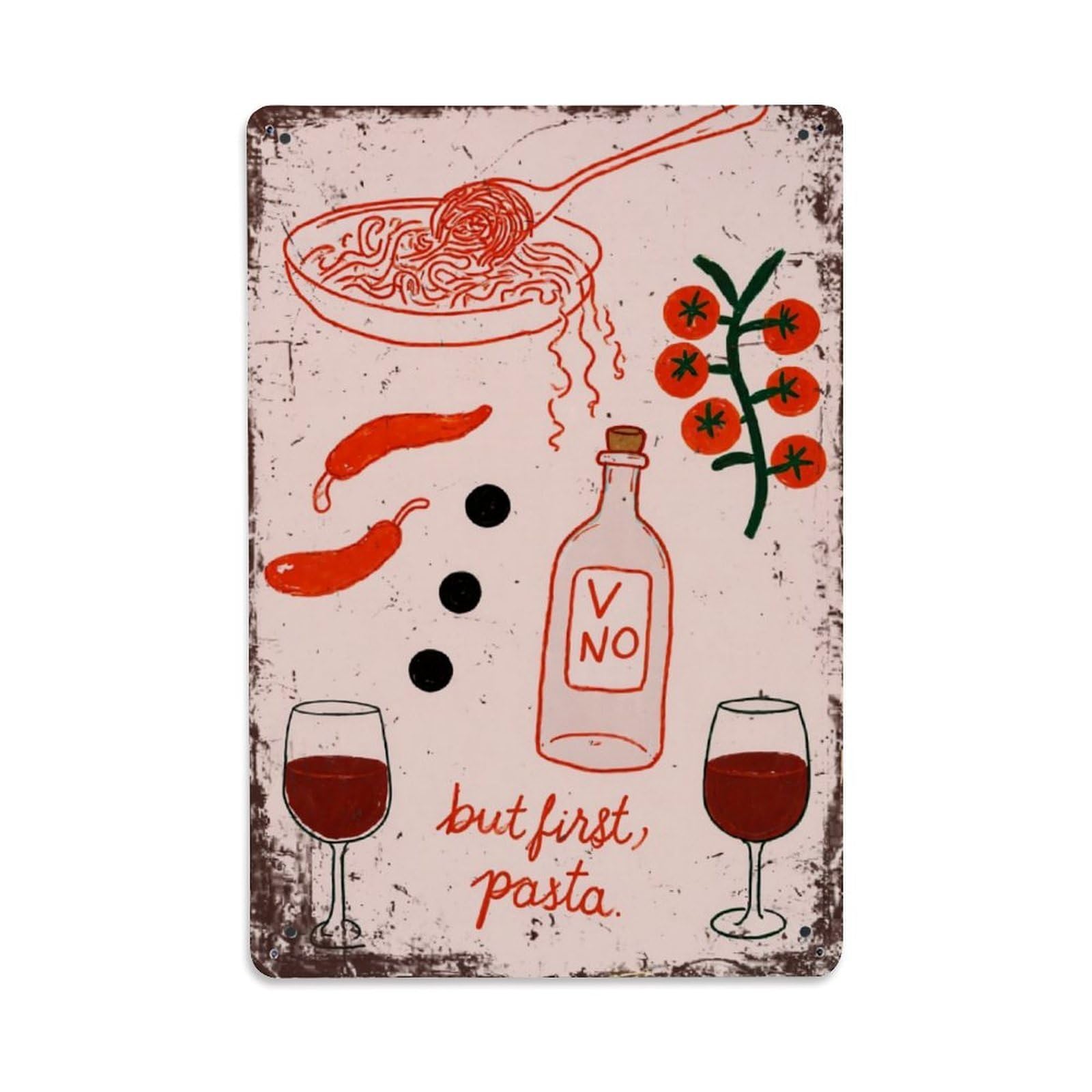 Pasta Wine Tomatoes Chilies Bottle Retro Metal Tin Sign, Vintage Decor Art Poster for Bar, Home, Man Cave, Kitchen, Laundry Room Gift 8x12Inch