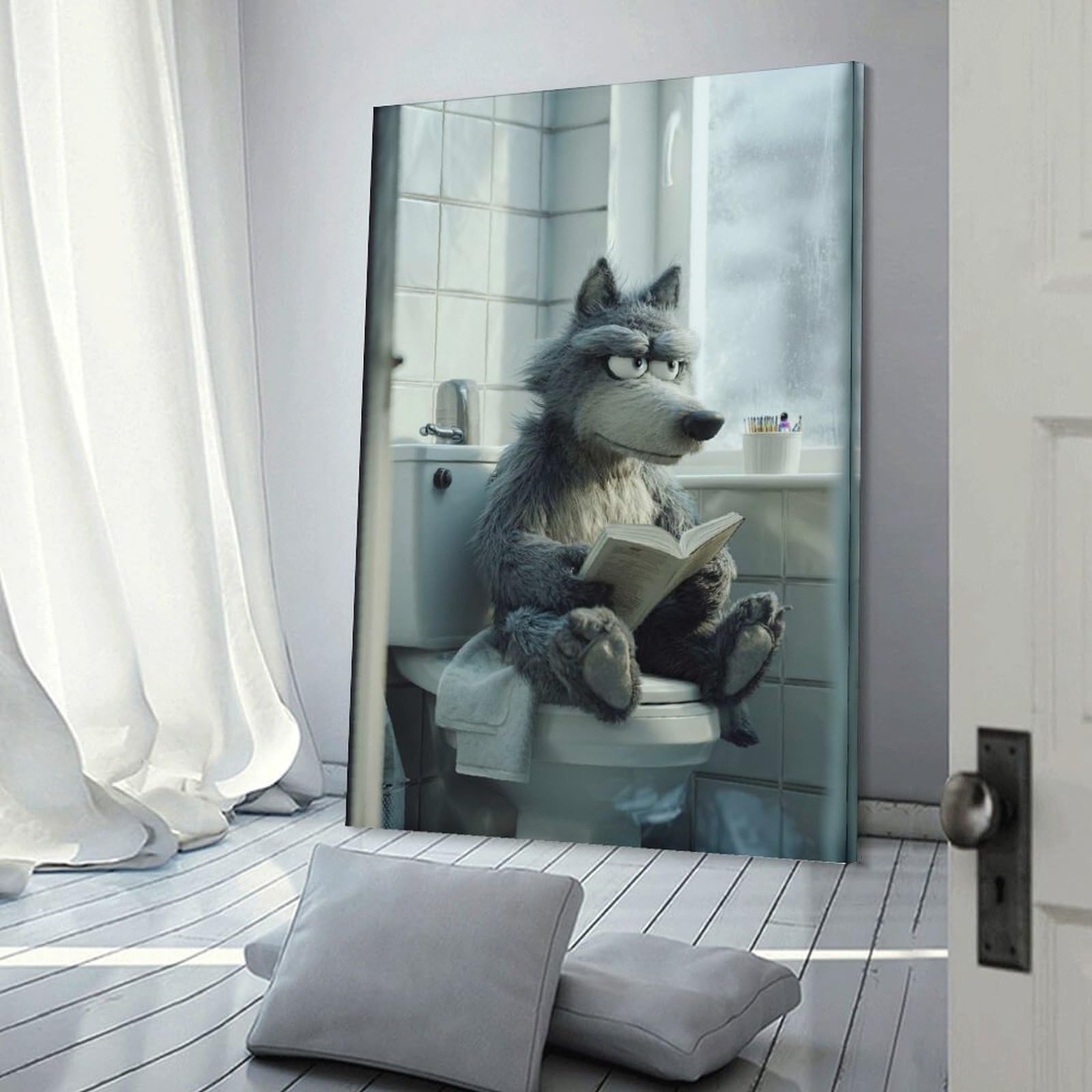 Junmoney Home Decor Wall Art Wolf Reading on The Toilet, 20x30inch(50x75cm), for New Homes, Bedrooms Or Workspaces, Home Decor Gift with Stylish Appeal