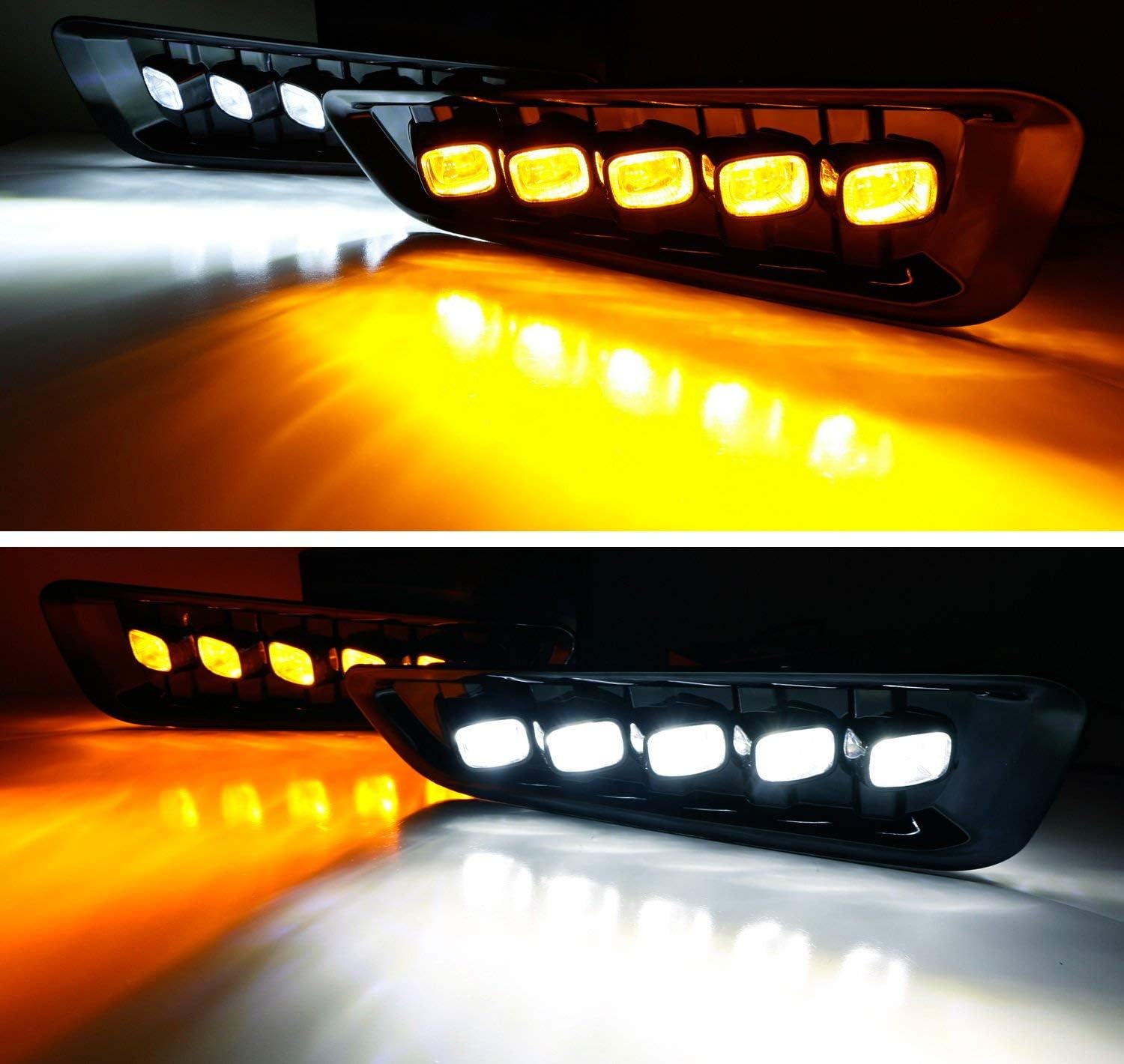 iJDMTOY White/Amber Switchback LED DRL Fog Light Kit Compatible With 2017-2020 Ford Raptor, 5-Lamp Assembly w/Turn Signal Feature
