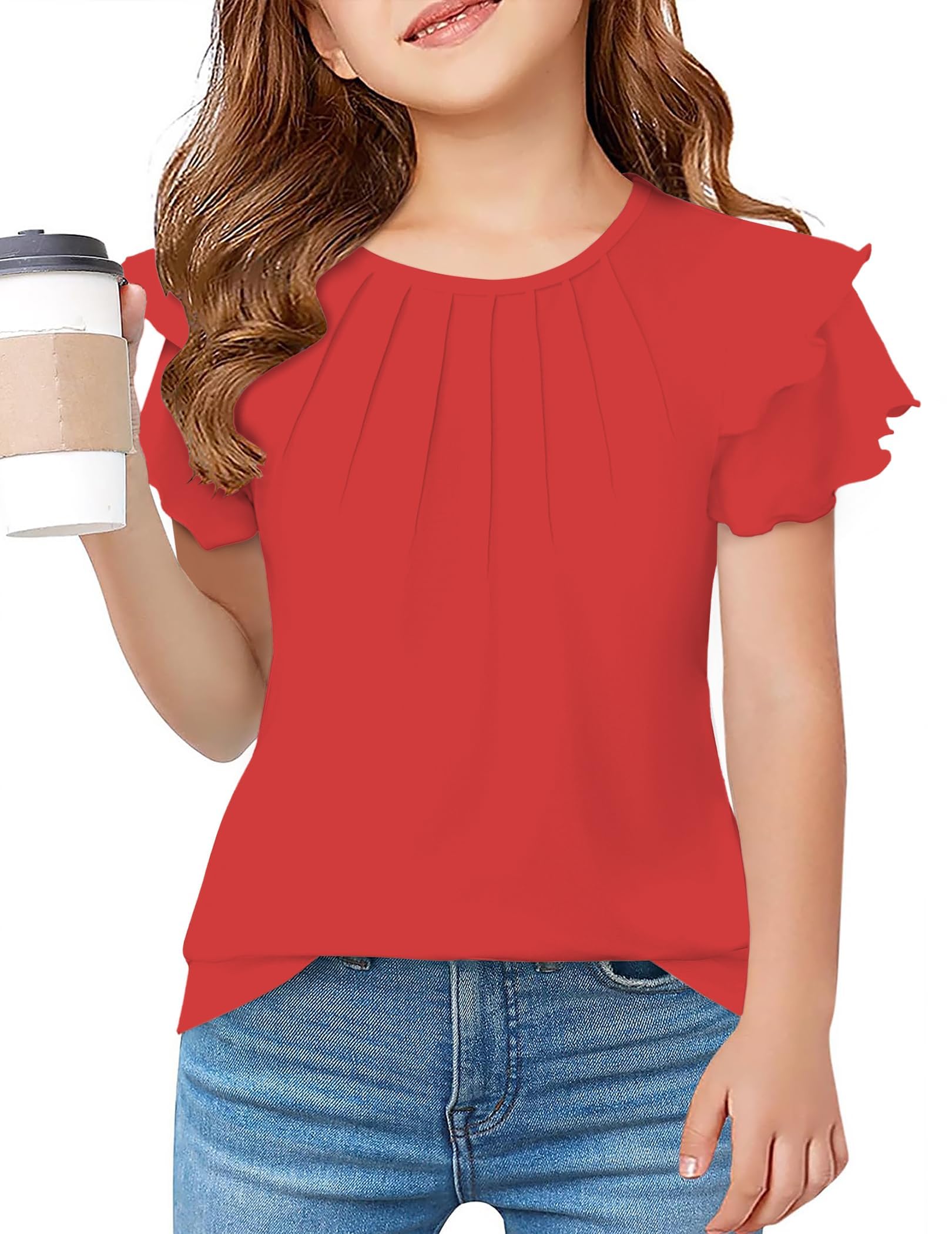 Arshiner Mädchen T-Shirts Sommer Kurzarm Shirt Gewellte Ärmel Plissiertes Oberteil Rundhals Einfarbig Freizeit Mode Shirts Tops für Kinder 3–14 Jahre