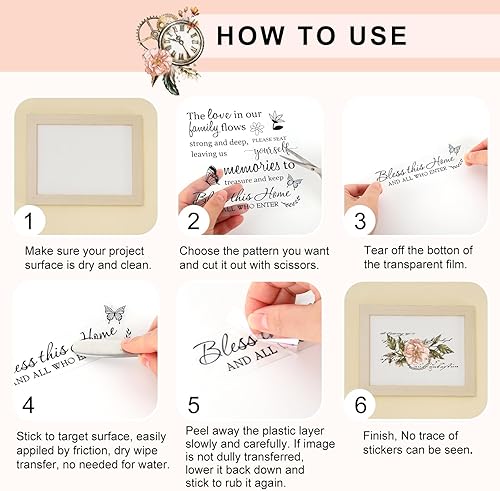 Miniatura 3 de Whaline 10 hojas de transferencia floral vintage para manualidades, reloj de flores, pájaros, frotar en transferir muebles, calcomanías para