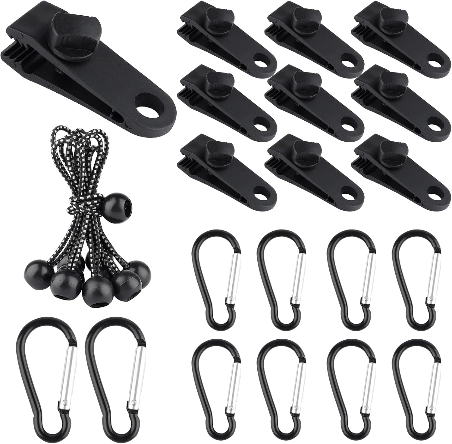 30 Pcs Heavy Duty Lock Grip Tarp Clips,Tarp Clamps with Carabiners & Bungee Cords,Shade Cloth Clips Fasteners,Shark Teeth Lock Grip for Camping,Pool Covers,Canopies,Car Cover Clamp,Awnings