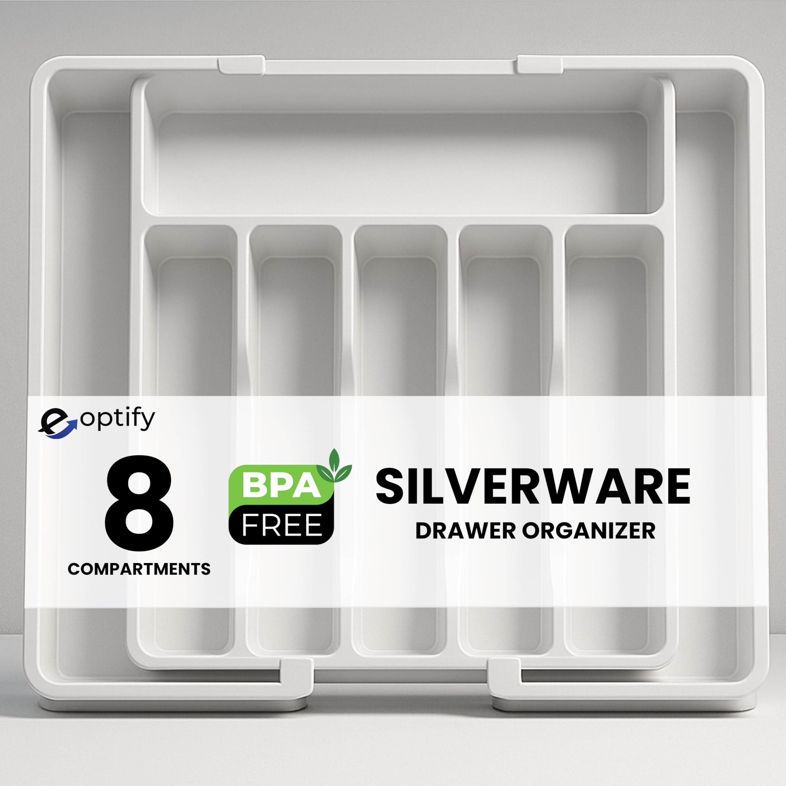 Eoptify Silverware Drawer Organizer, Expandable Utensil Tray for Kitchen, BPA Free Flatware and Cutlery Holder, Adjustable Plastic Storage for Spoons Forks Knives, Large Pearl White Utensil Organizer