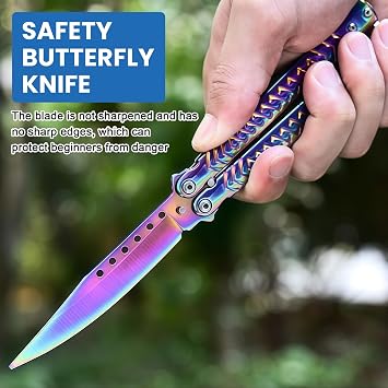 Sporgo Butterfly Knives: Butterfly Trainer Unsharpened Blade Practice Butterfly Comb Stainless Steel Butterfly Knife Trainer for Training Knives Beginners Practises Flipping Tricks (Black + White + Colour)