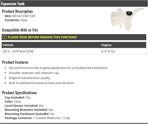 Miniatura 2 de Depósito de tanque de desbordamiento de refrigerante del radiador con tapa, compatible con Ram 2500 2013-2018 6.7L Turbo Diesel de 6 cilindros