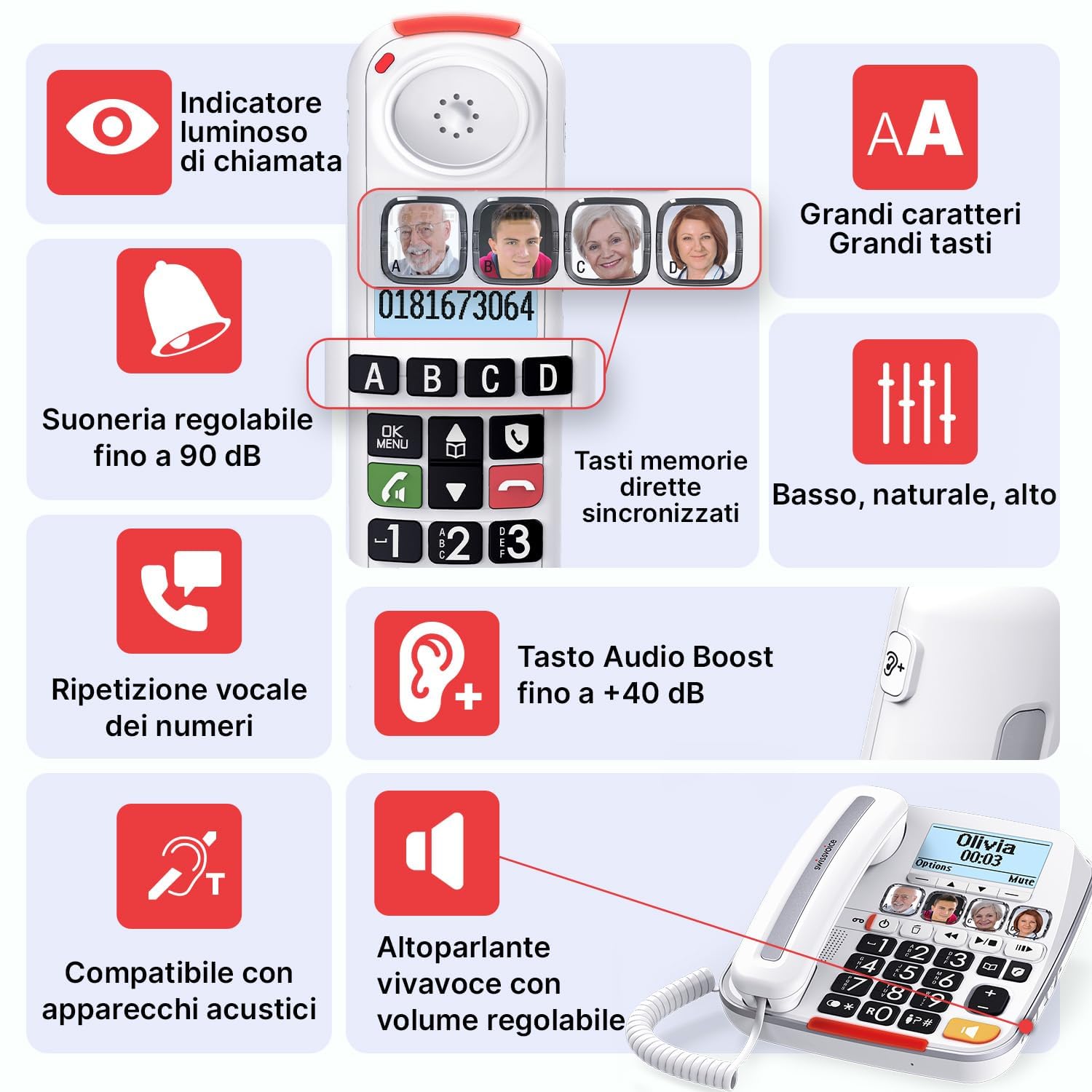 SWISSVOICE - Xtra 3355 Combo - DECT - Telefono con filo per anziani + telefono cordless - Tasti grandi - Segreteria - Audio Boost - Suonerie forti - Compatibile apparecchi acustici - Blocco chiamate