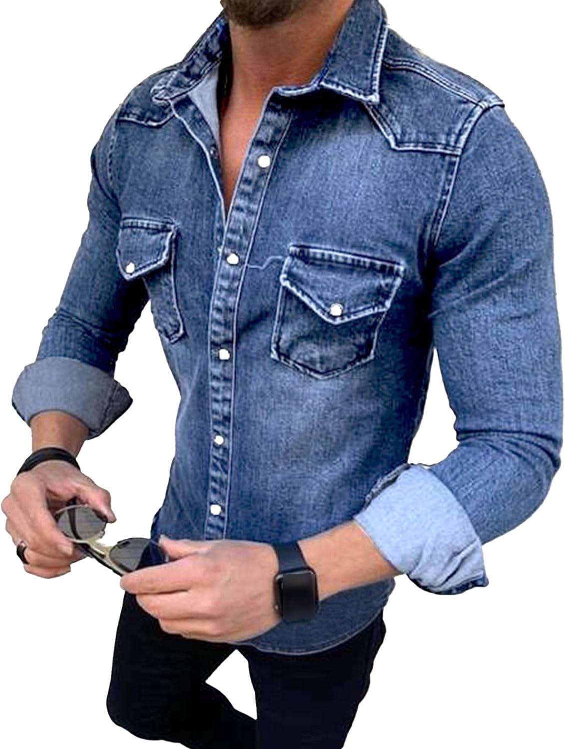 Chemise Homme Chambray Chemise En Jean Pour Hommes Chemise à Manches Courtes En Denim Boutonnée Décontractée Chemise En Denim De Coton à La Mode Tops Chemise Denim Homme