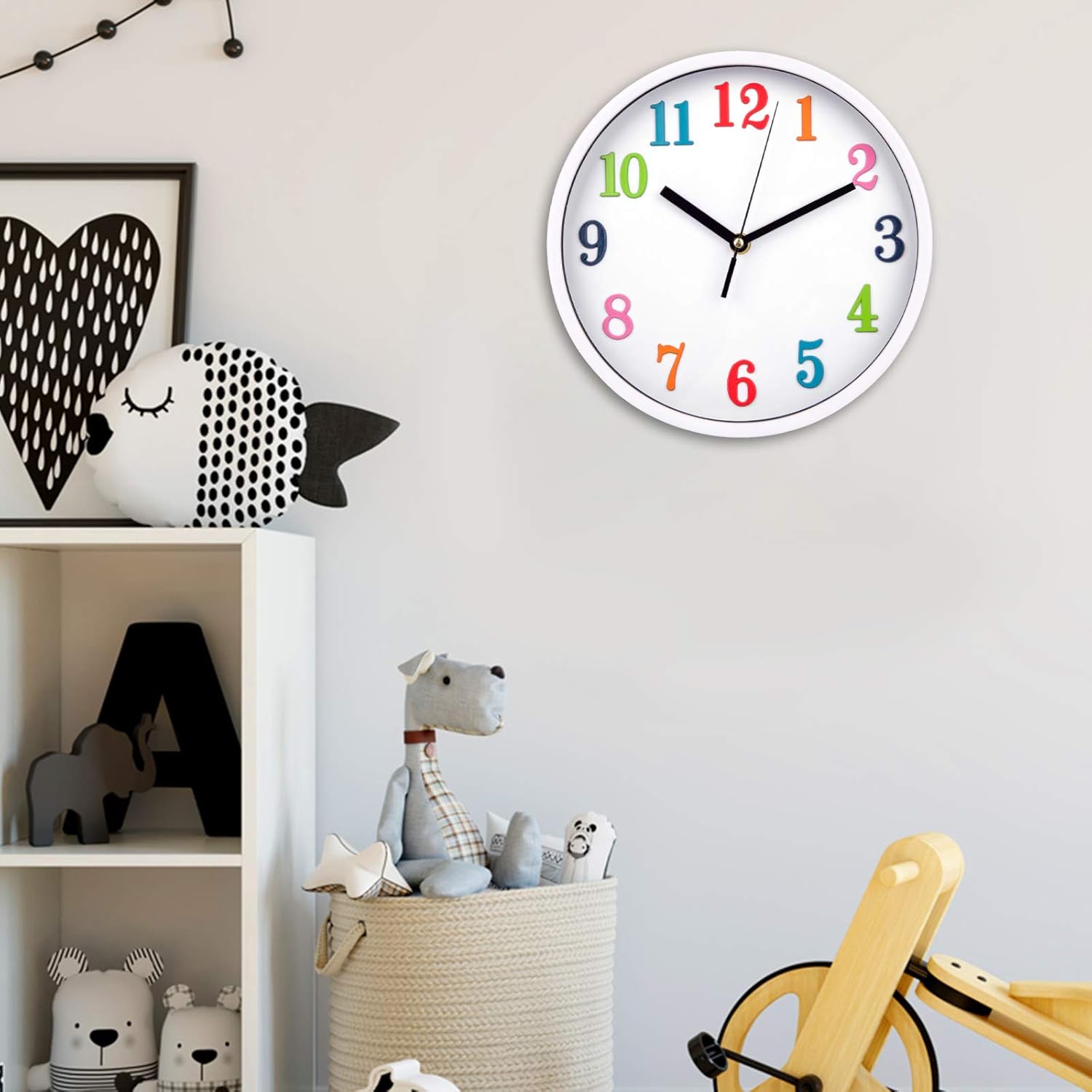 Jucoan 10 Inch Colorful Kid Wall Clock, Silent Non Ticking Quartz Battery Operated Decorative Round Clock for Children Bedroom, Nursery Room, School, Home (Pack of 2)