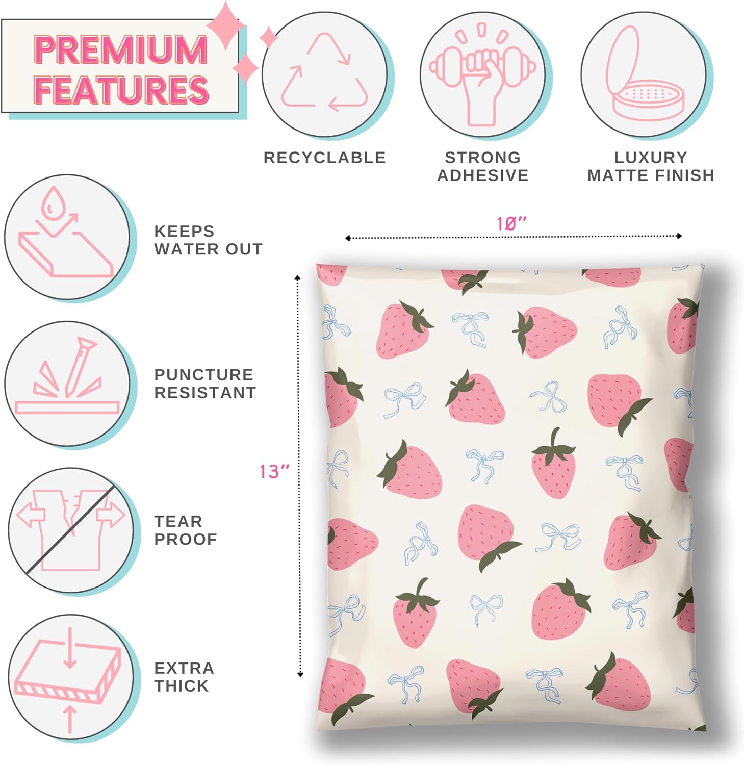 Picksie Mailers - Poly Mailer 10x13 Shipping Bag Cute Cottage Core Small Biz Packaging Supplies Polymailer Plastic Mailing Envelope for Clothing Coquette Bows Polybag - Pink Strawberry Aesthetic