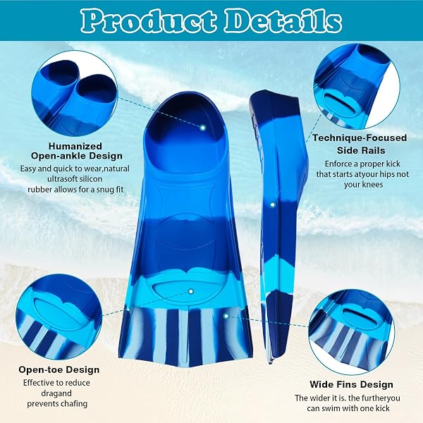Palmes de natation courtes pour enfants, 100 % silicone, palmes d'entraînement, palmes de natation pour enfants et adultes, entraînement de natation, plongée en eau libre - 3