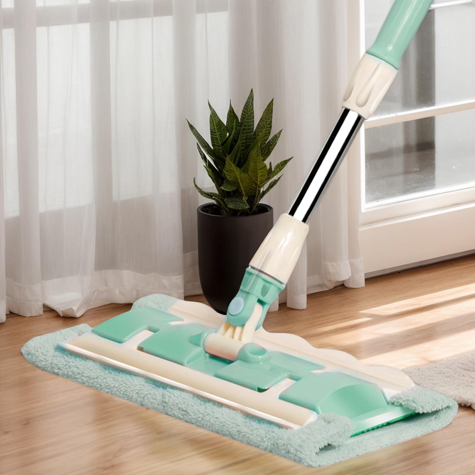 Mopa Plana Rotación 360 Grados, Mango Telescópico, Raspador | Mopa De Cocina Con 4 Almohadillas Lavables Con Rascador De Polvo Para Cocina Baño Patio Baldosas Y Suelo Laminado