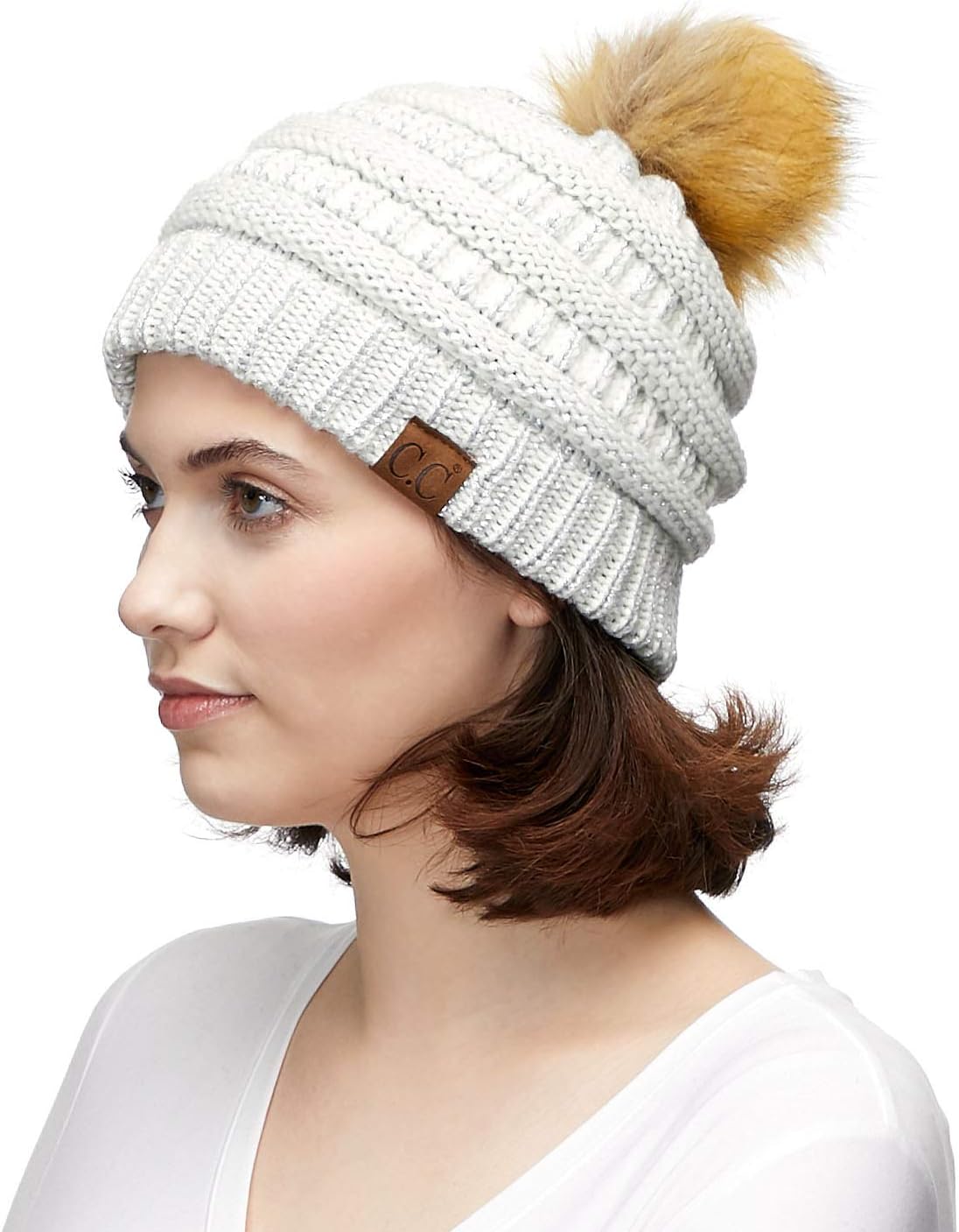C.C Fur Pom Winter Fall Trendy Chunky Stretchy Cable Knit Beanie Hat - Image 6