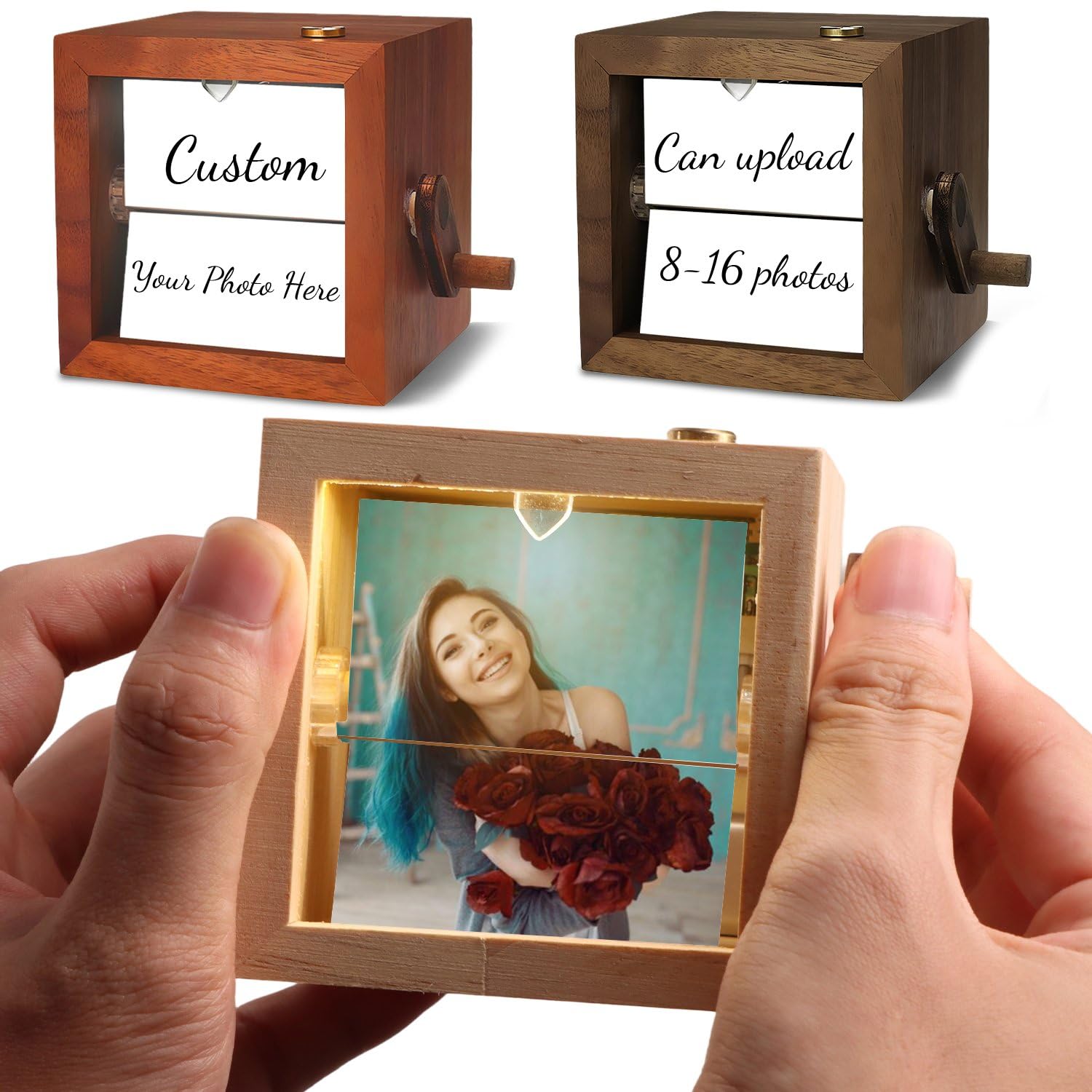 Caja de movimiento artística personalizada con LED, caja de fotos con movimiento de manivela personalizada, edición romántica, caja de recuerdos de aniversario romántica personalizada (con LED, 16