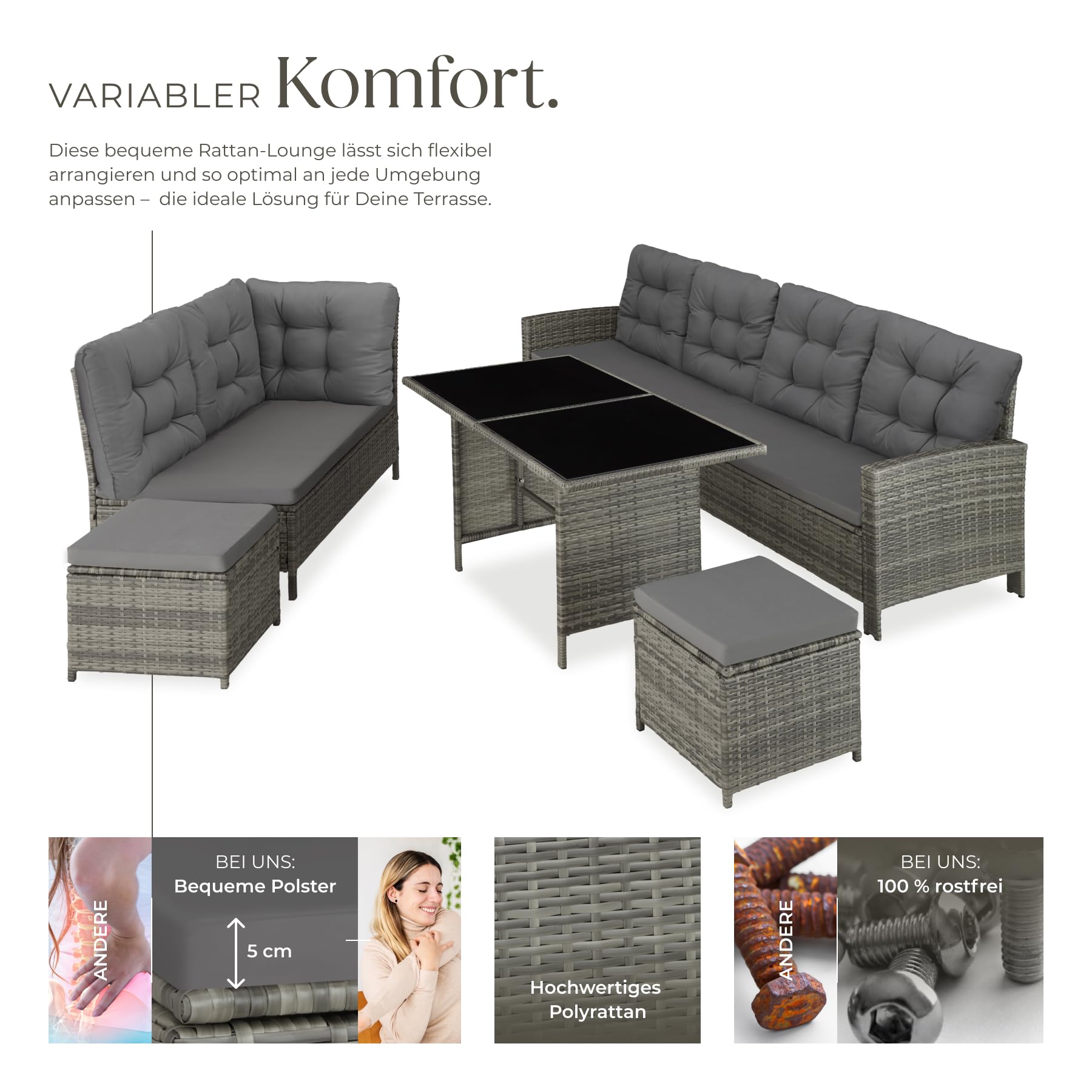 tectake® Polyrattan Lounge Set, Gartenmöbel Set mit Sofa, Hocker + Tisch, Balkon Möbel Outdoor, 5-teilige Sitzgruppe, inkl. Sitz- & Rückenkissen, ideal für Garten, Terrasse, Balkon - grau-meliert/grau