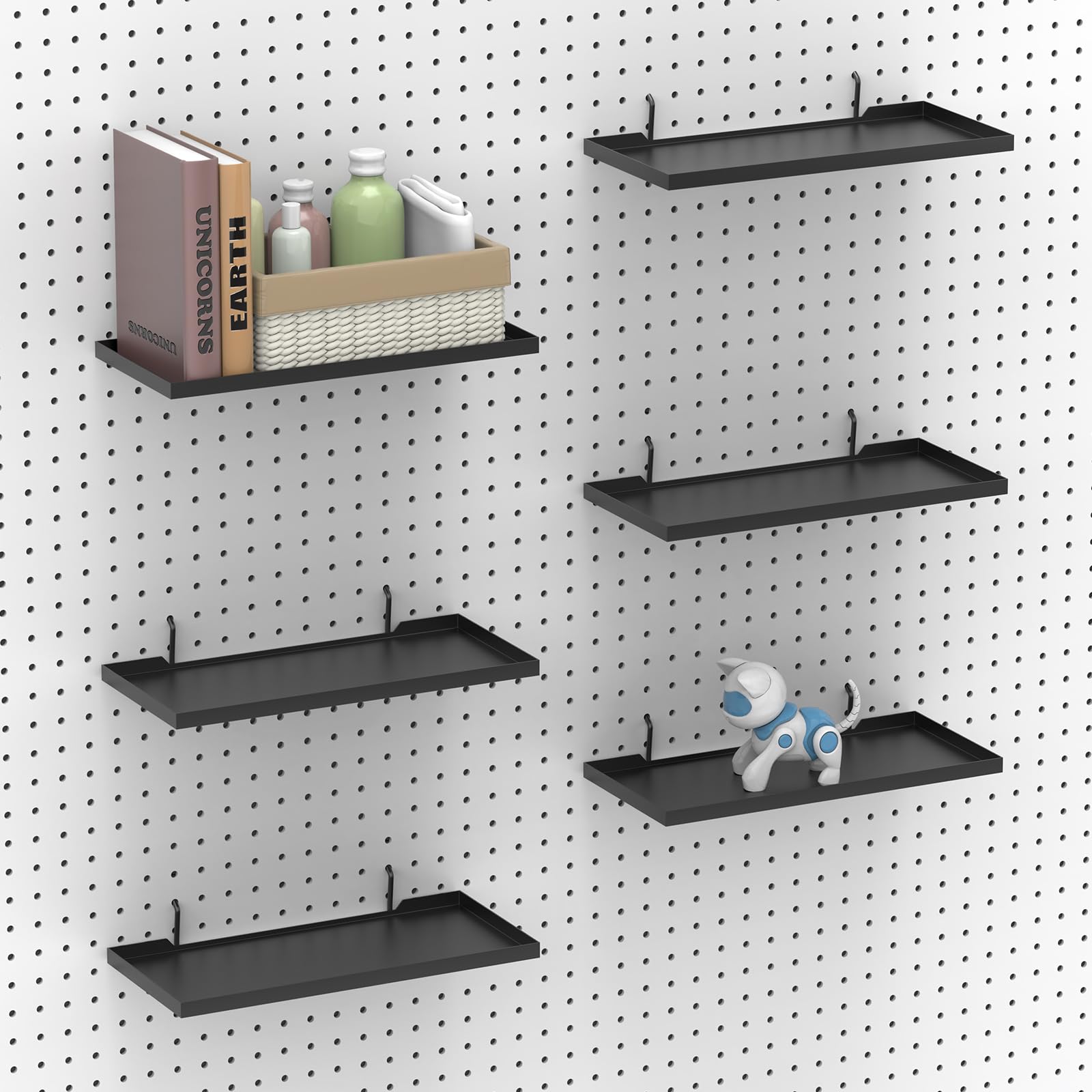 13 x 15 cm, zestaw 6 sztuk, metalowe półki na tablice, akcesoria, płaskie półki ekspozycyjne na tablicę pegboardową, metalowy wyświetlacz detaliczny do przechowywania i organizacji, czarne