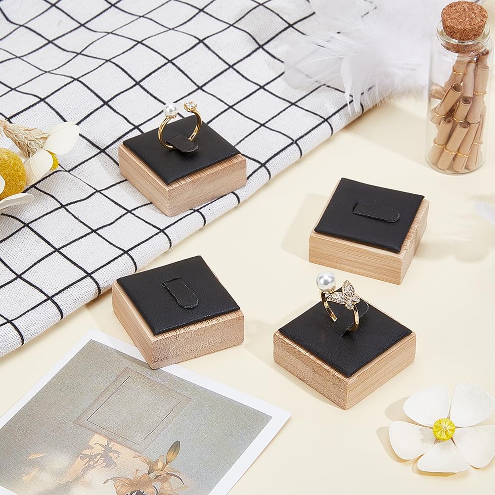 Beebeecraft 6Pcs Single Wood Ring Display Stand 4x3.95x2.1cm Black Square Bamboo Ring Holder Organizer with Imitation Leather Mat for Rings Trade Show Countertop Bearer