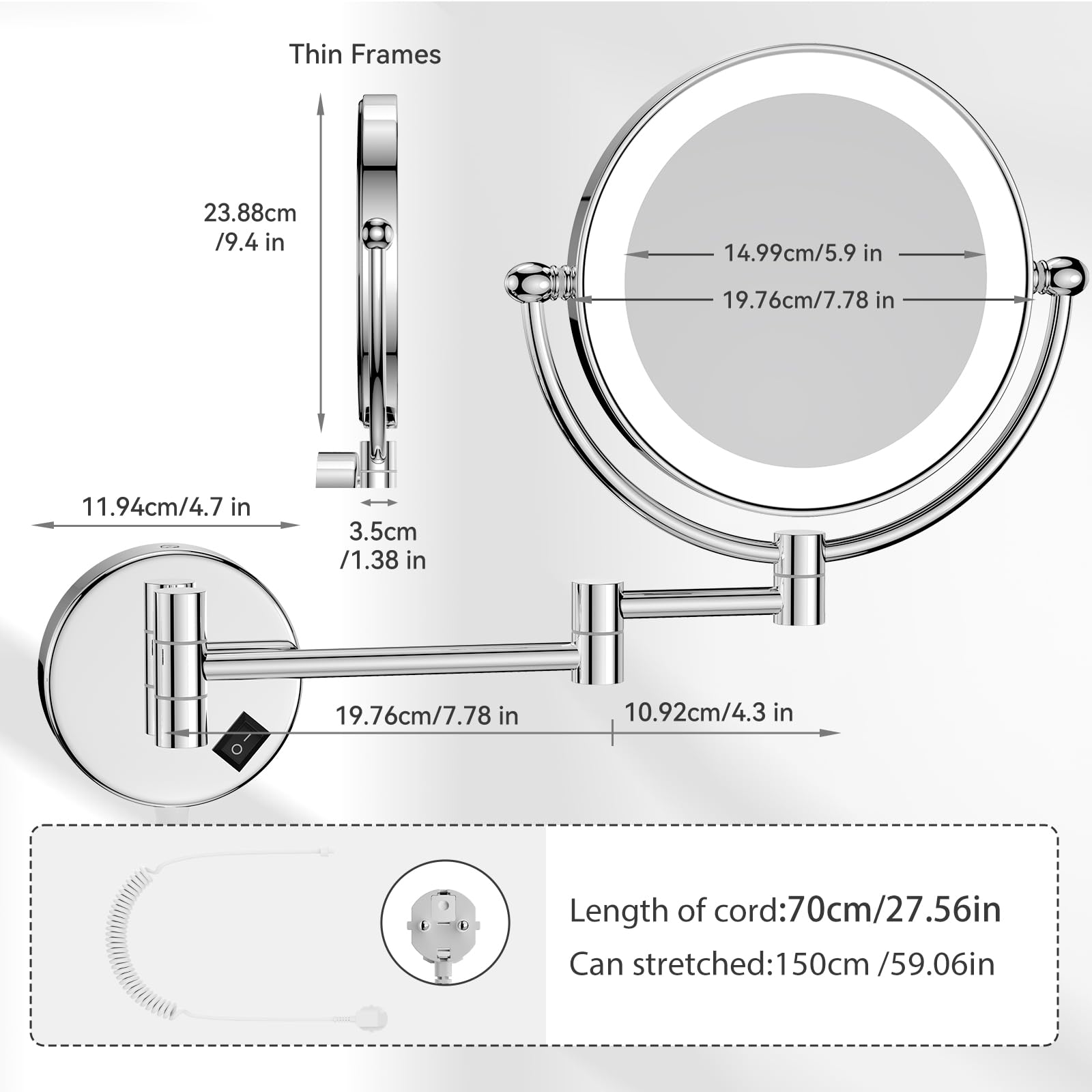 Nicesail Espejo Maquillaje con Luz y Aumento 5X Plata - Montaje Pared - con Enchufe - Doble Cara - Espejo Extensible para Afeitado o Maquillaje Preciso,Diámetro 20 cm