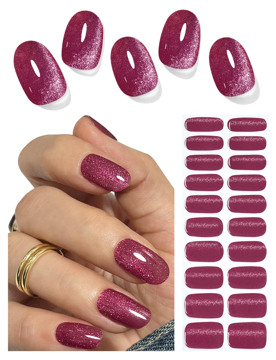 Unghie Gel Adesive UV, Occhio di gatto prugna 20 PCS Smalto Adesivo per unghie, Strisce di Smalto Gel per Unghie