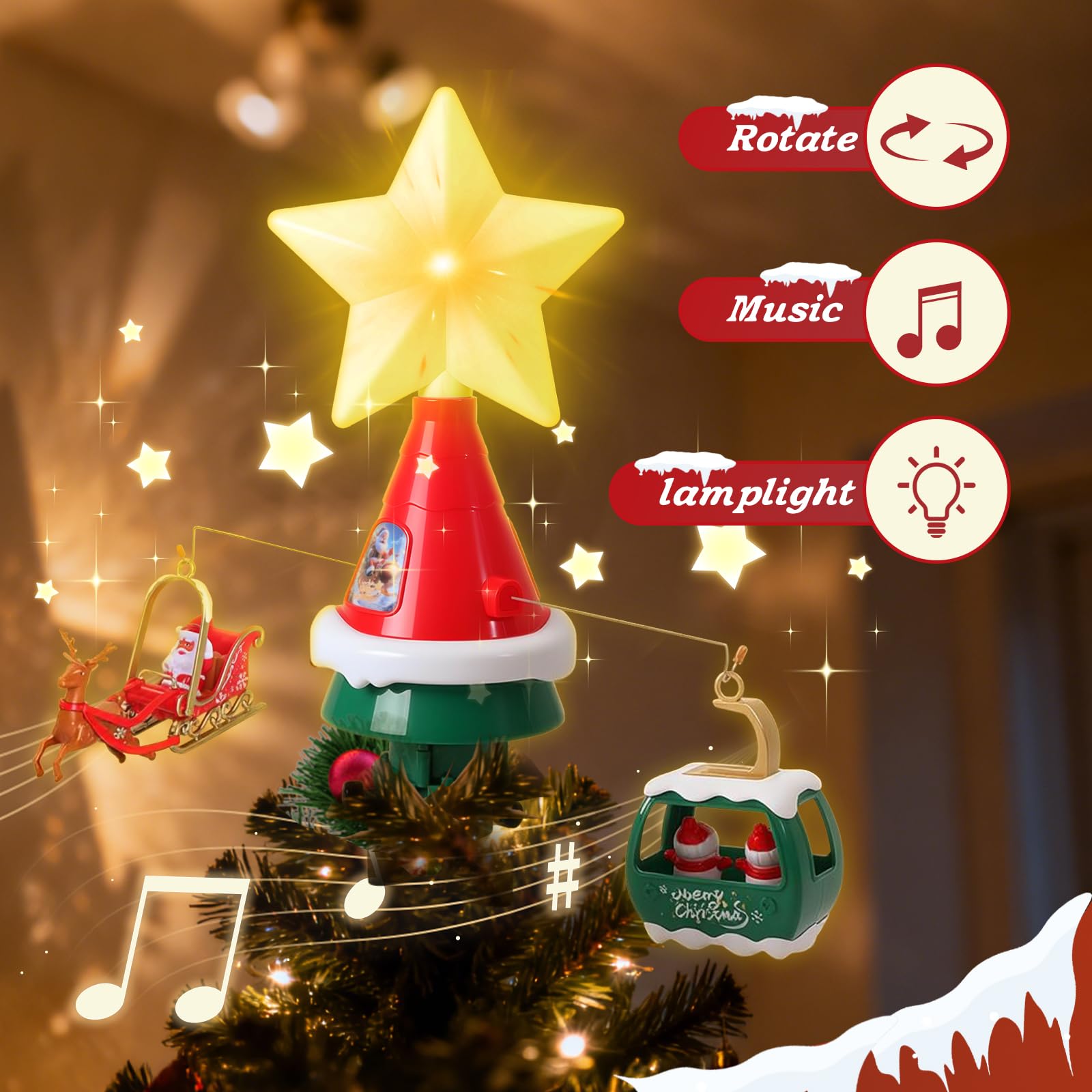 Decoración giratoria para árbol de Navidad con estrella LED, trineo de Papá Noel y teleférico, decoración musical alimentada por USB