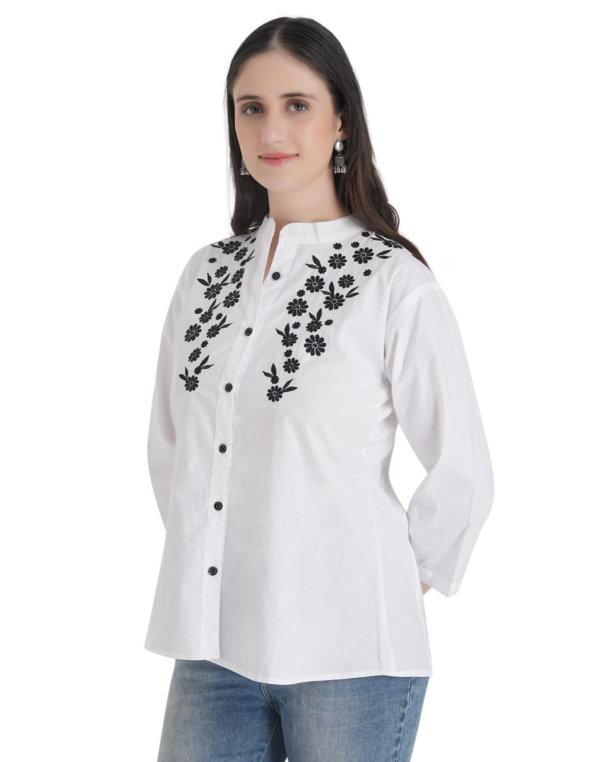 White Cotton Embroidered Shirt for Women | Mandarin Collar top | 3/4 Sleeves | Office wear & Casual wear-picture-24