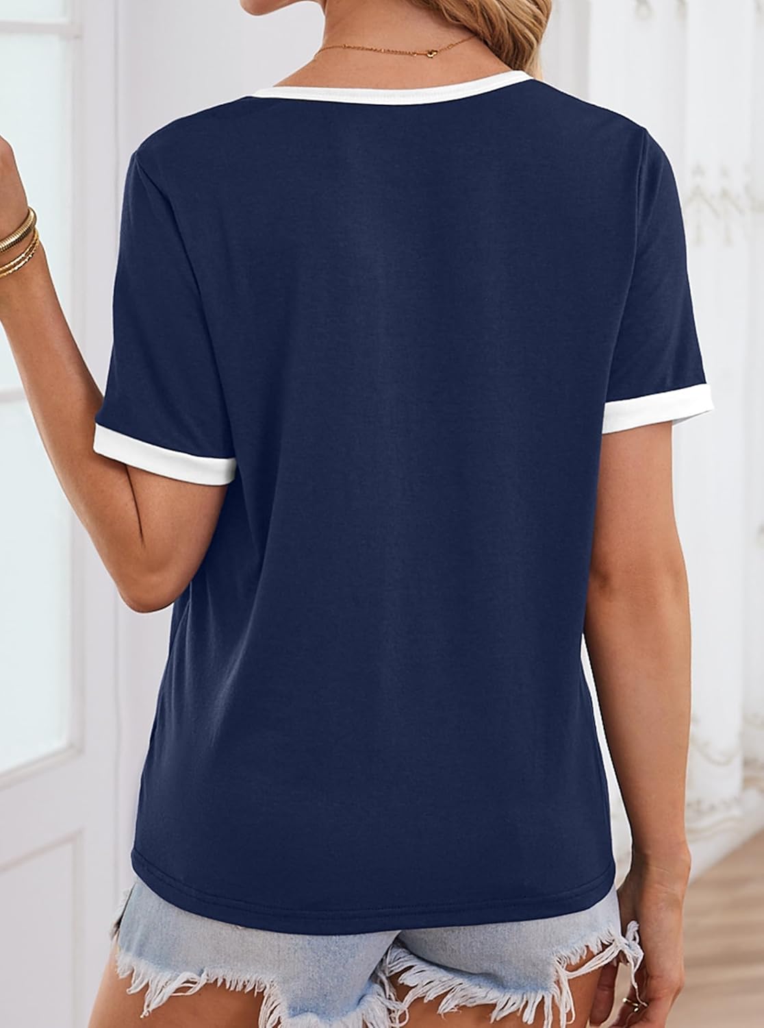 LilyCoco Women's Striped Shirt Short Sleeve Color Block Tops Notched Neck Summer Tee - Image 5